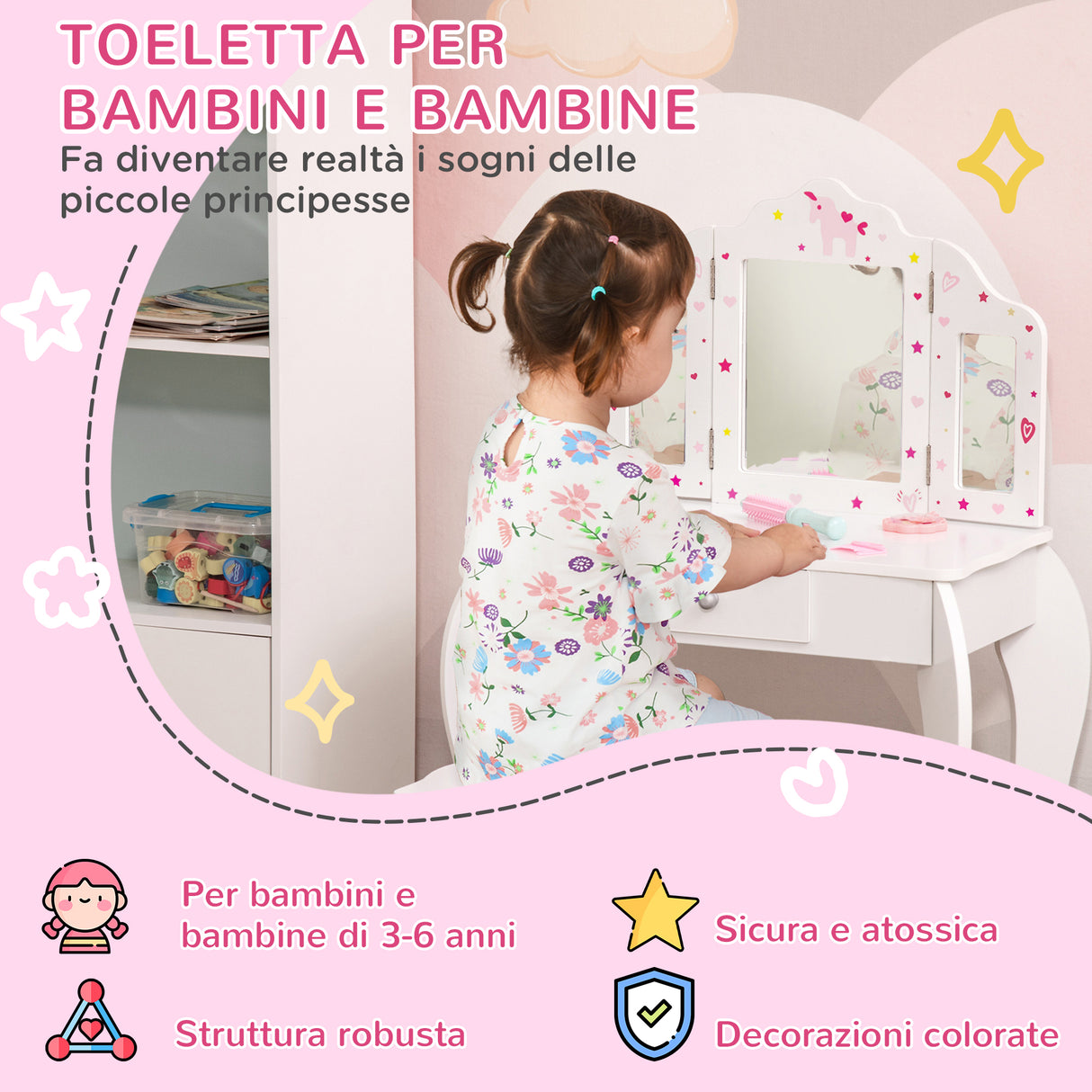 easycomfort easycomfort toeletta per bambini con sgabello tavolo trucco con triplo specchio e cassetto 63x40x85 5cm bianco