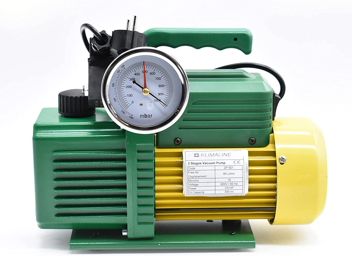 pompa vuoto bistadio klimaline con vacuometro e valvola solenoide per impianti gas hfo   r32   r410   r1234yf 50 l min motore antideflagrante per condizionamento climatizzatore