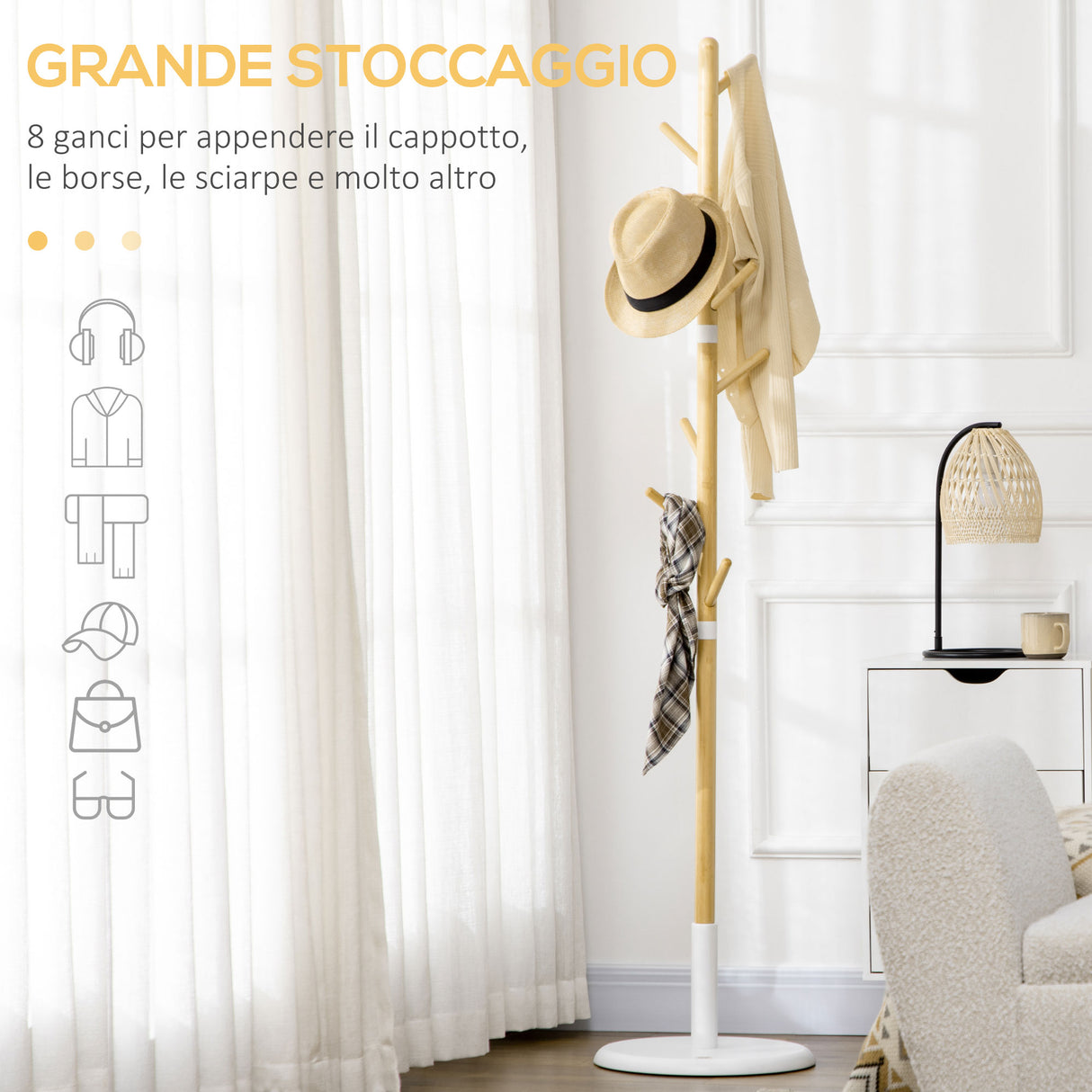 easycomfort easycomfort albero appendiabiti a 8 ganci con base rotonda in bambu legno e metallo 37 8x175 6 cm color legno e bianco