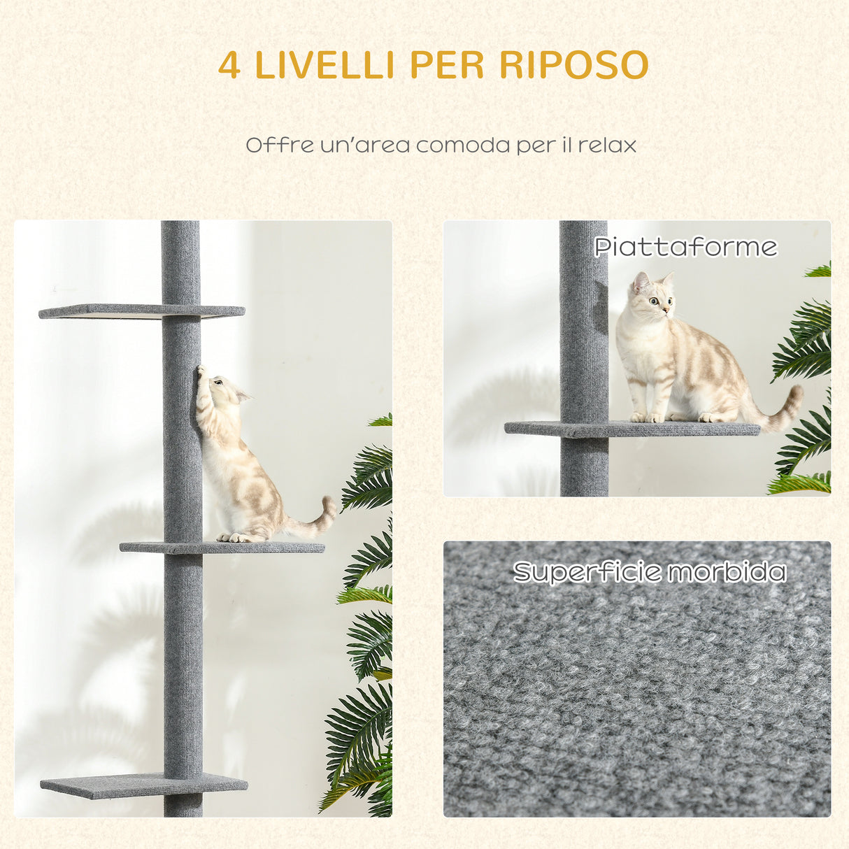easycomfort easycomfort albero tiragraffi per gatti a 4 livelli con altezza regolabile grigio 43x27x228 260cm
