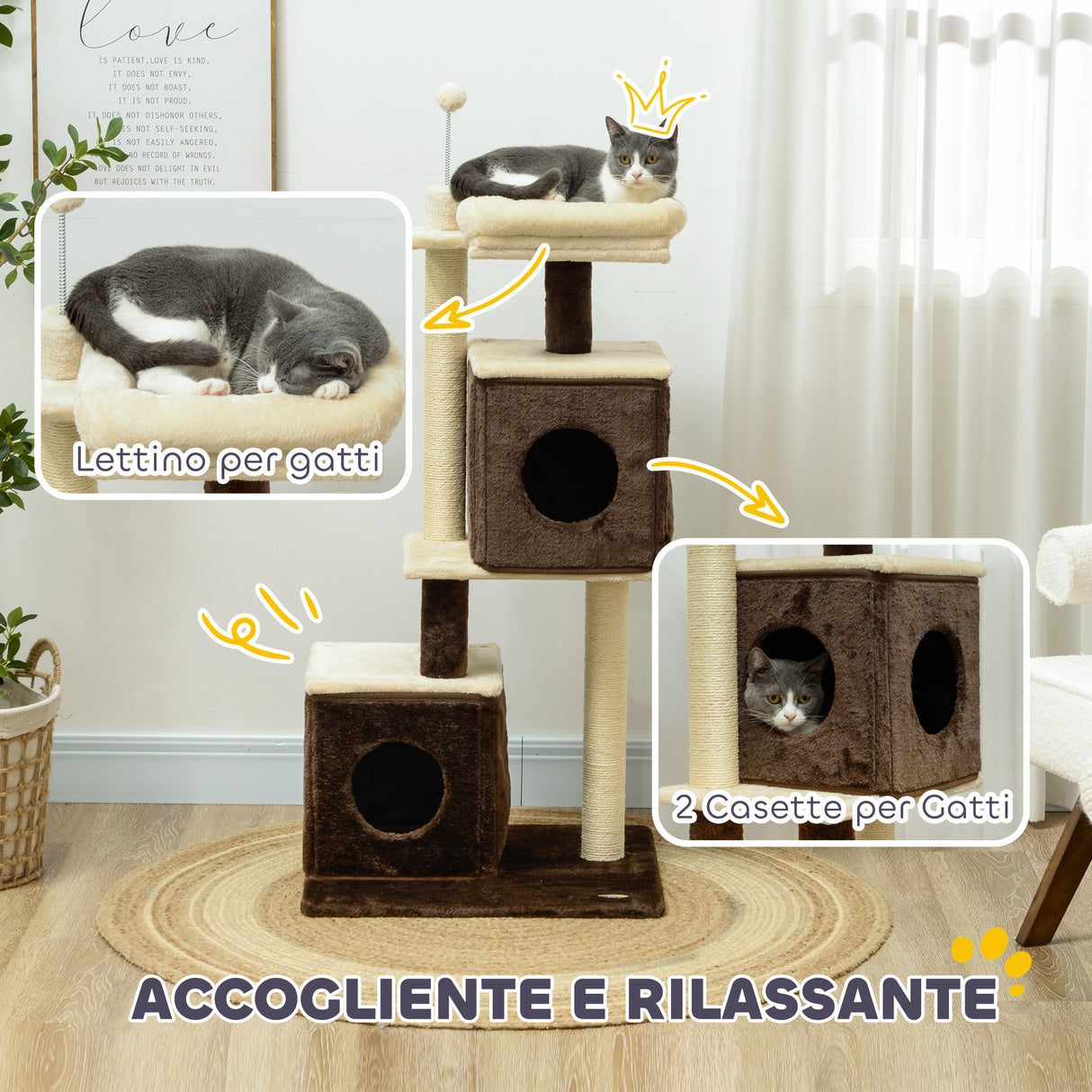 easycomfort easycomfort albero tiragraffi per gatti con 2 casette lettino piattaforme di salto e pallina in legno 55x48x107 cm