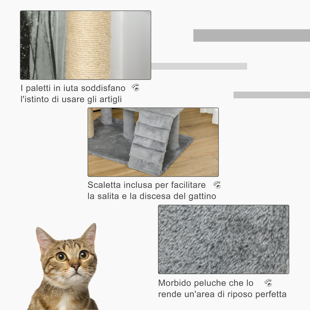 easycomfort easycomfort albero tiragraffi per gatti con trespolo casetta rampa e pallina in legno e peluche 60x40x100 cm grigio chiaro