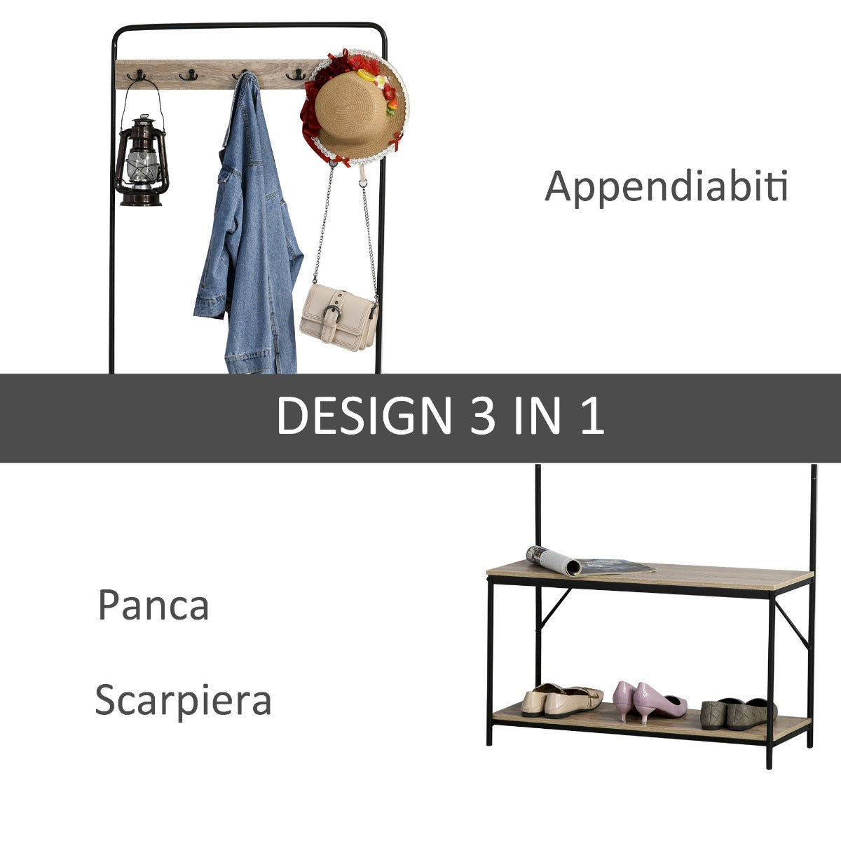 easycomfort easycomfort appendiabiti con panca e scarpiera in stile industriale mobile per ingresso vintage in legno e acciaio nero ean 8054111842228