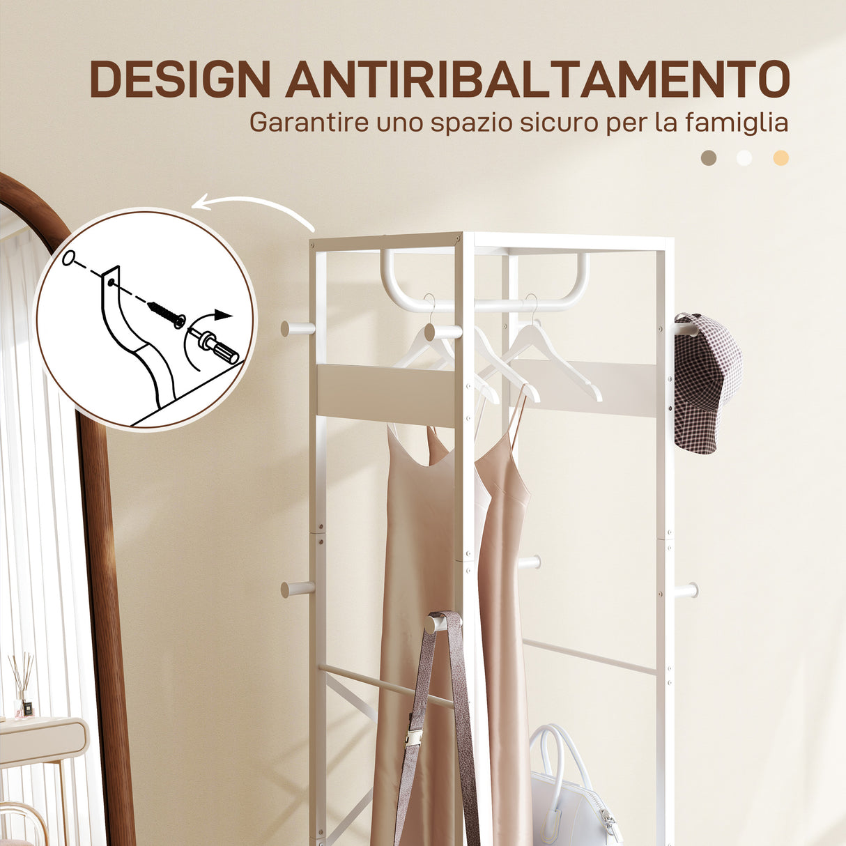 easycomfort easycomfort appendiabiti da terra con asta e 2 ripiani aperti in legno e acciaio 38 5x30x170 cm bianco e color legno