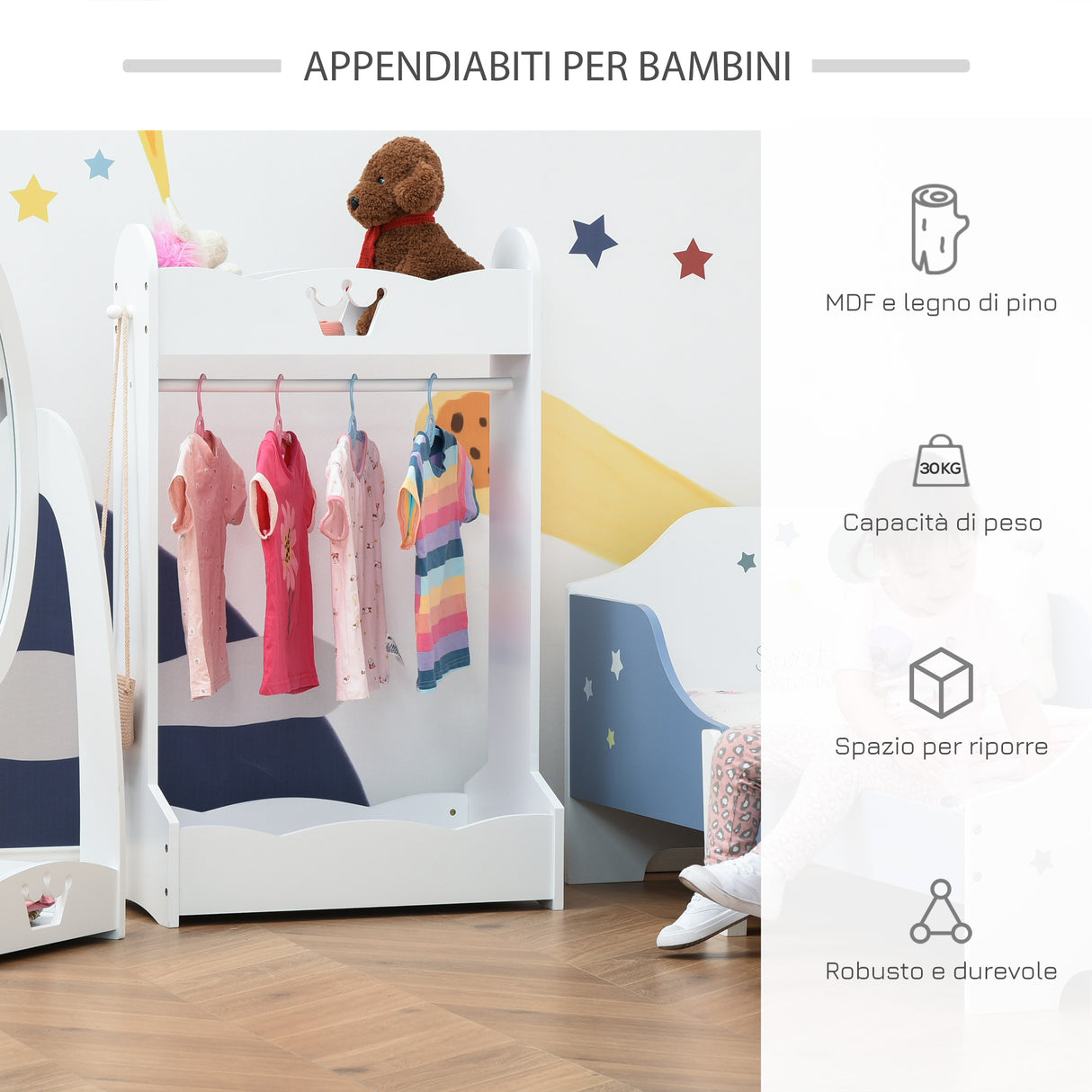 immagine-5-easycomfort-easycomfort-appendiabiti-per-bambini-con-ripiani-e-ganci-laterali-arredamento-per-cameretta-in-legno-70-5x37x103cm-bianco