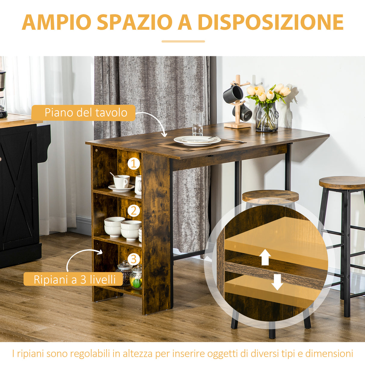 easycomfort easycomfort bancone bar pieghevole stile industriale con scaffale a 3 ripiani 120x76x91 4cm