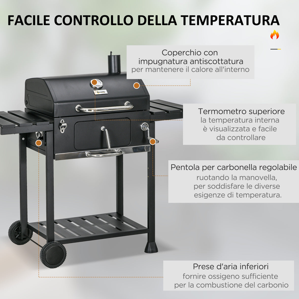 easycomfort easycomfort barbecue a carbone con coperchio con termometro griglia regolabile ruote e tavolini nero