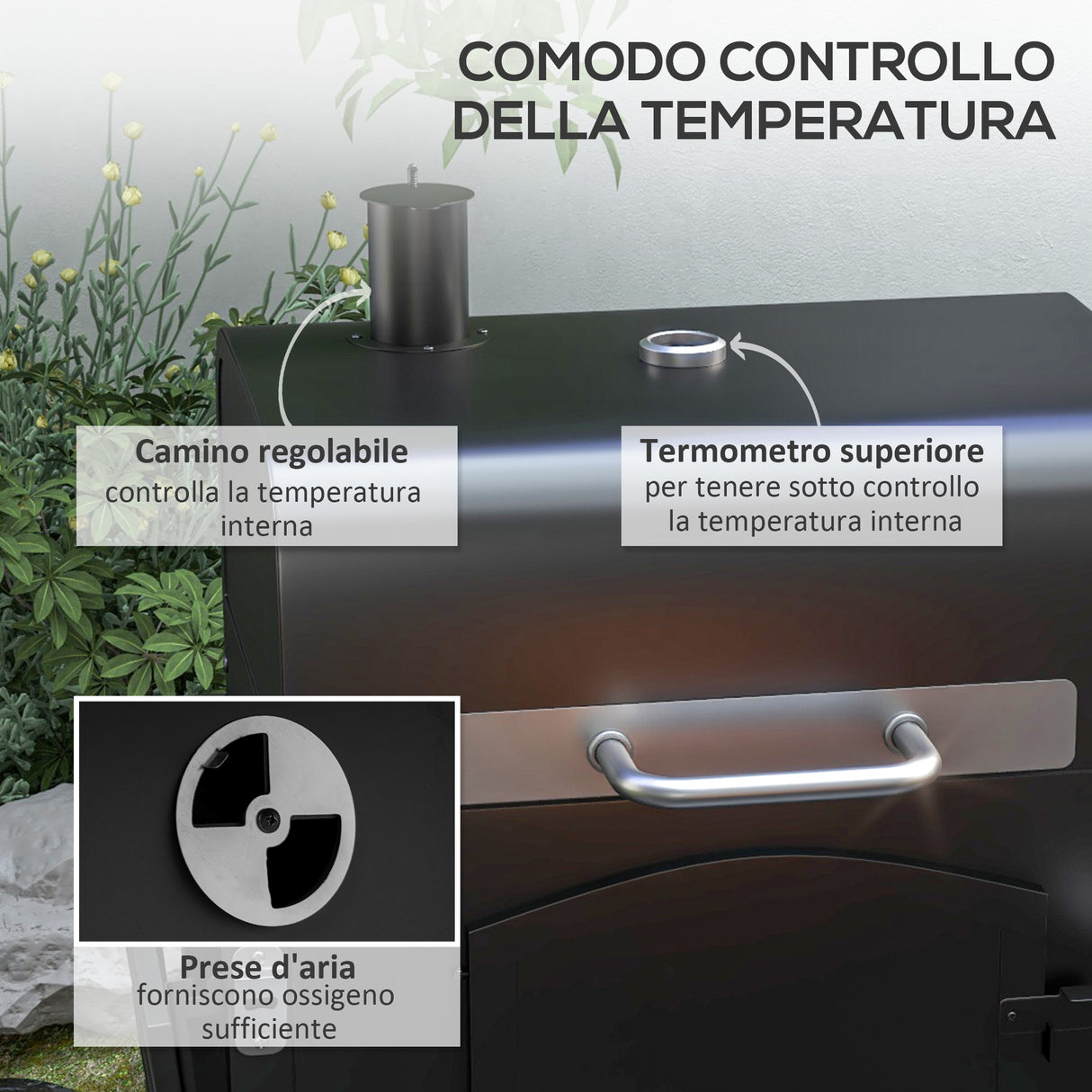 easycomfort easycomfort barbecue da giardino a 2 ruote con griglia affumicatore e fornello in metallo e ghisa 124x66x112 cm nero