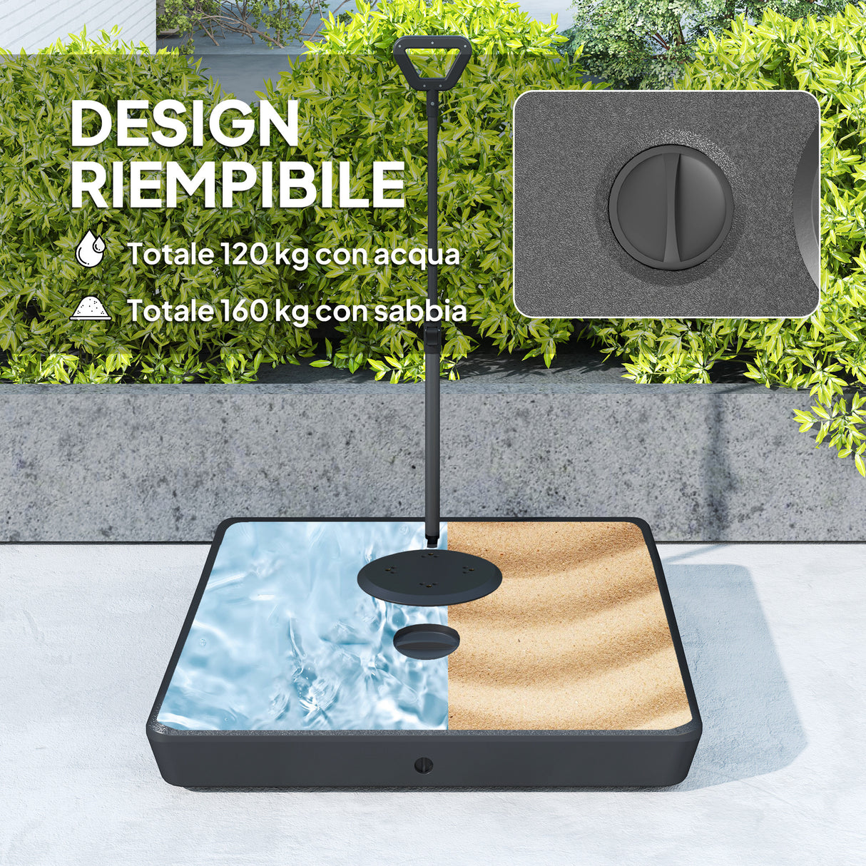 easycomfort easycomfort base per ombrellone a sbalzo in hdpe con maniglia e ruote e riempibile con acqua o sabbia 95x95x117 cm nero