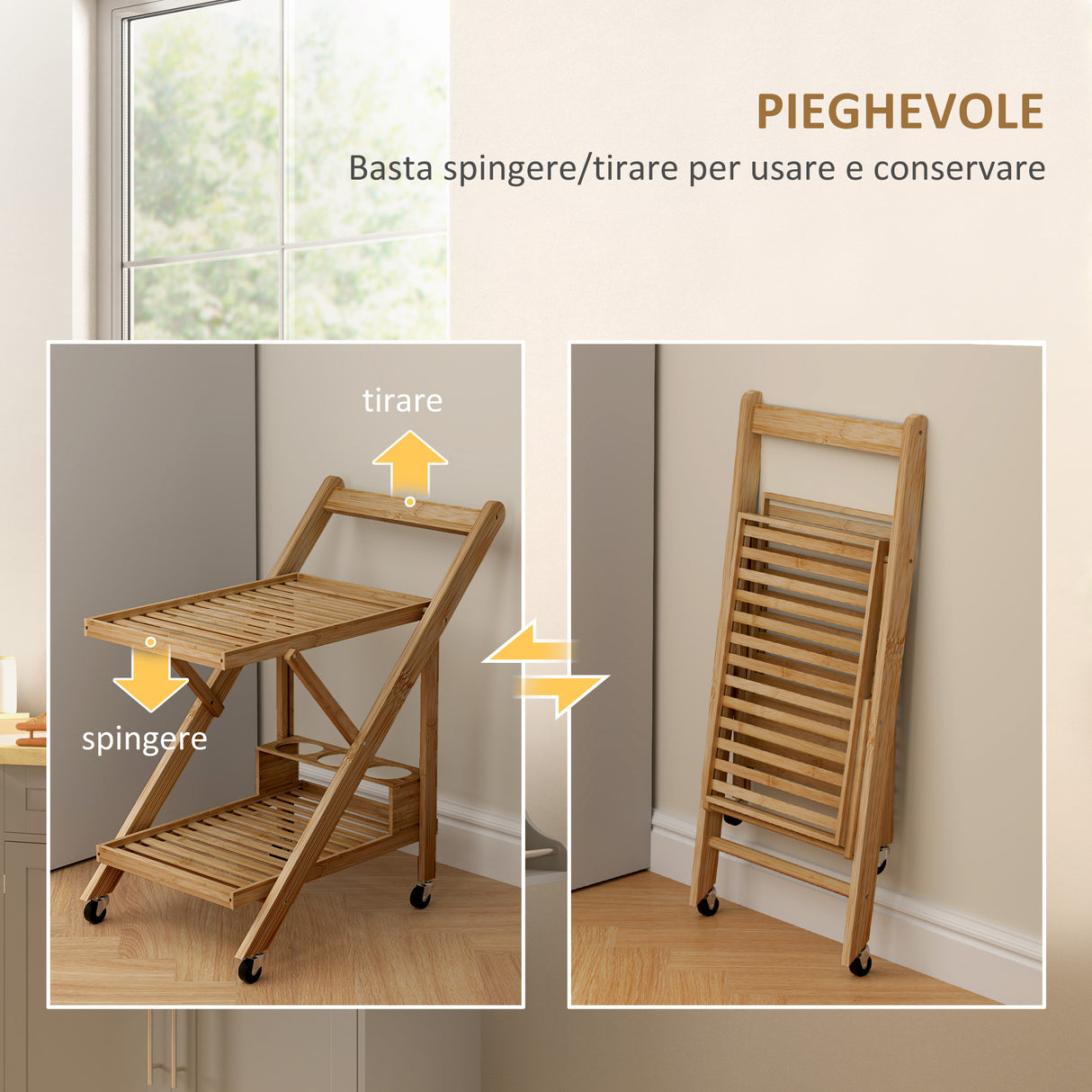 easycomfort easycomfort carrello da cucina portavivande pieghevole a 2 livelli con portabottiglie in legno di bambu