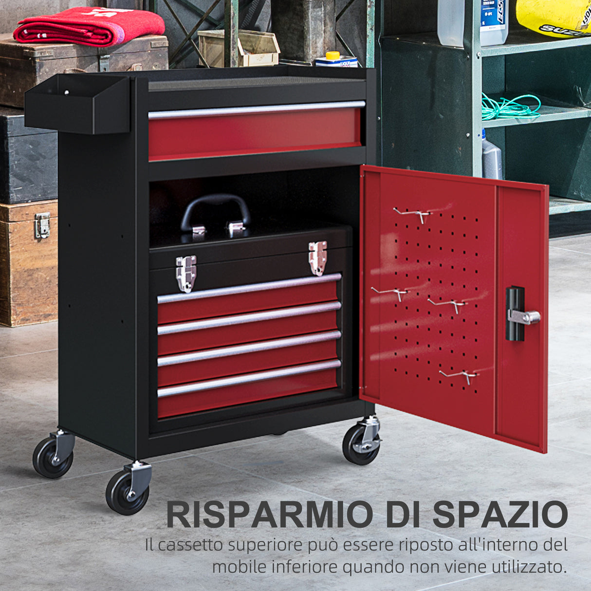 easycomfort easycomfort carrello porta attrezzi 5 cassetti cassetta rimovibile e armadietto con chiave in acciaio rosso