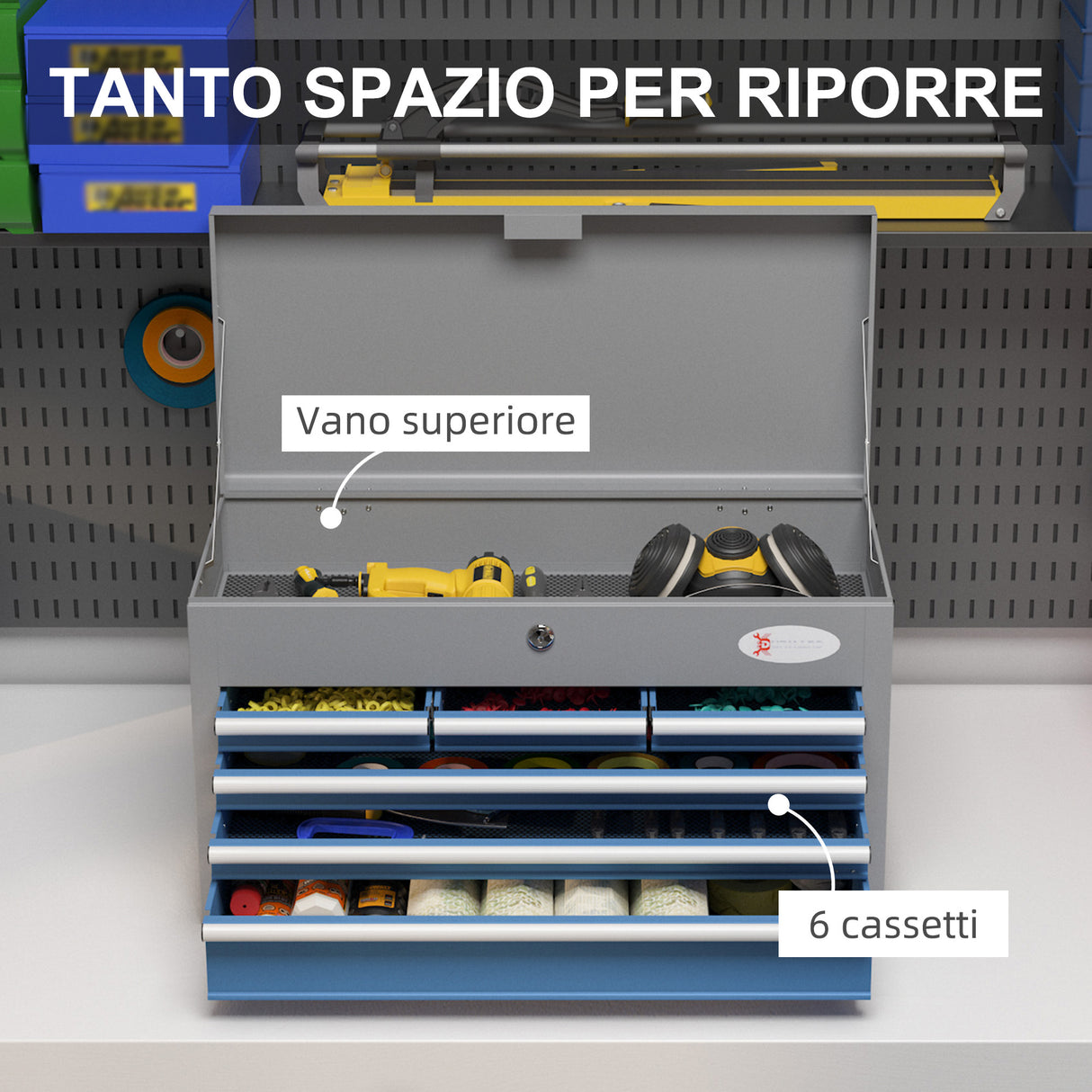 easycomfort easycomfort cassetta attrezzi in acciaio con 6 cassetti un bauletto e 2 chiavi 60x26x34 cm blu