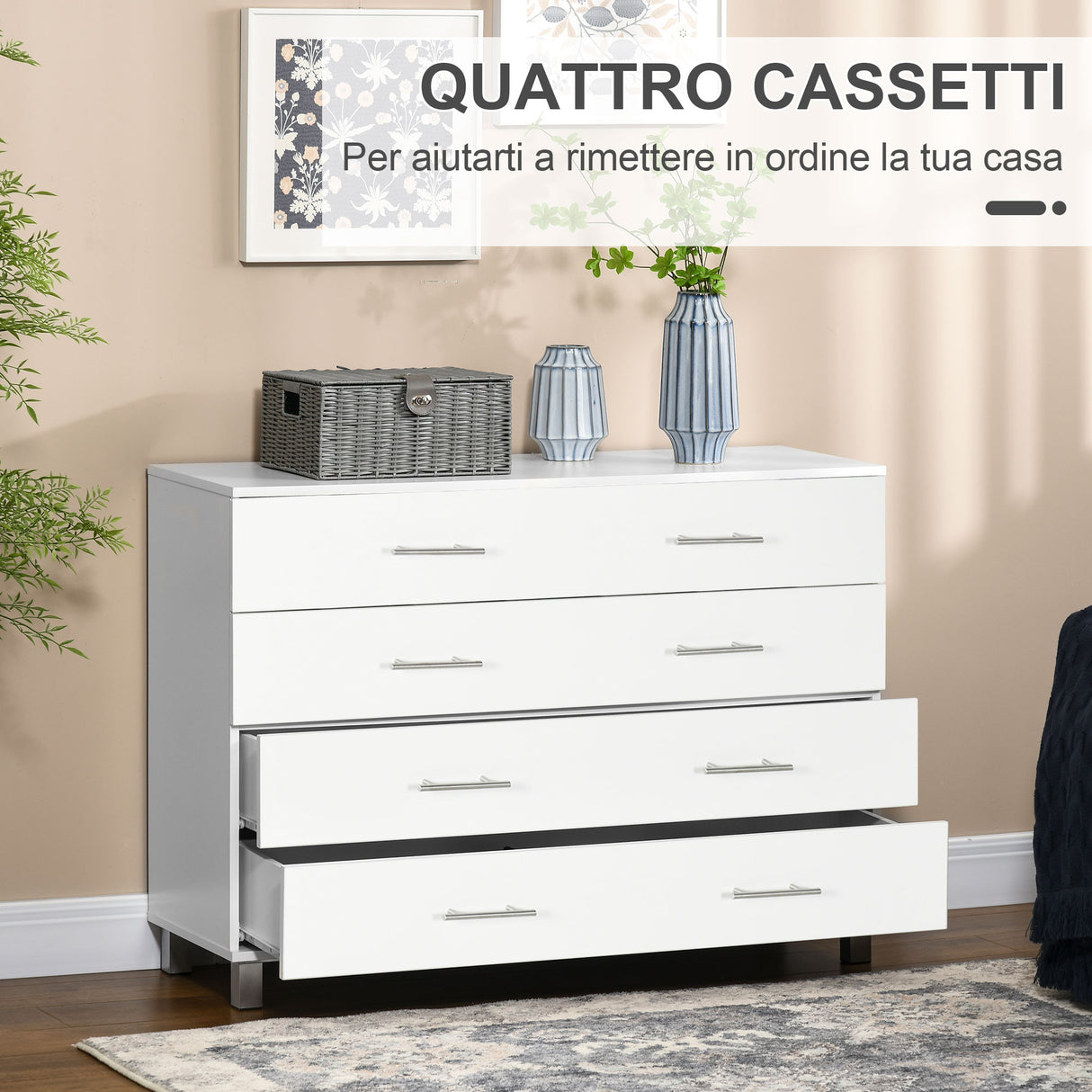 easycomfort easycomfort cassettiera 4 cassetti per camera da letto in legno con maniglie in metallo bianco