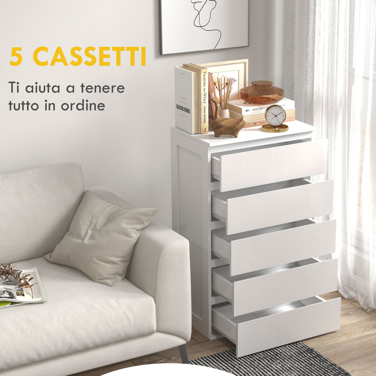 easycomfort easycomfort cassettiera 5 cassetti in legno con maniglie scanalate 60x38x100cm bianco