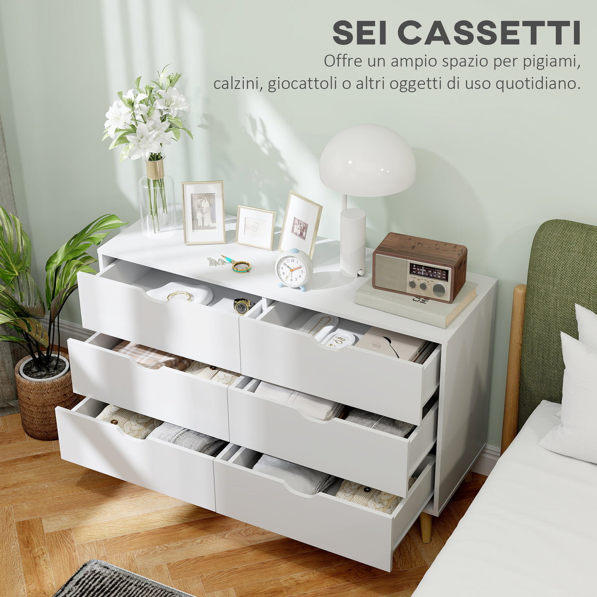 easycomfort easycomfort cassettiera 6 cassetti con maniglie laminate in legno di pino 120x40x76 cm bianca e color legno