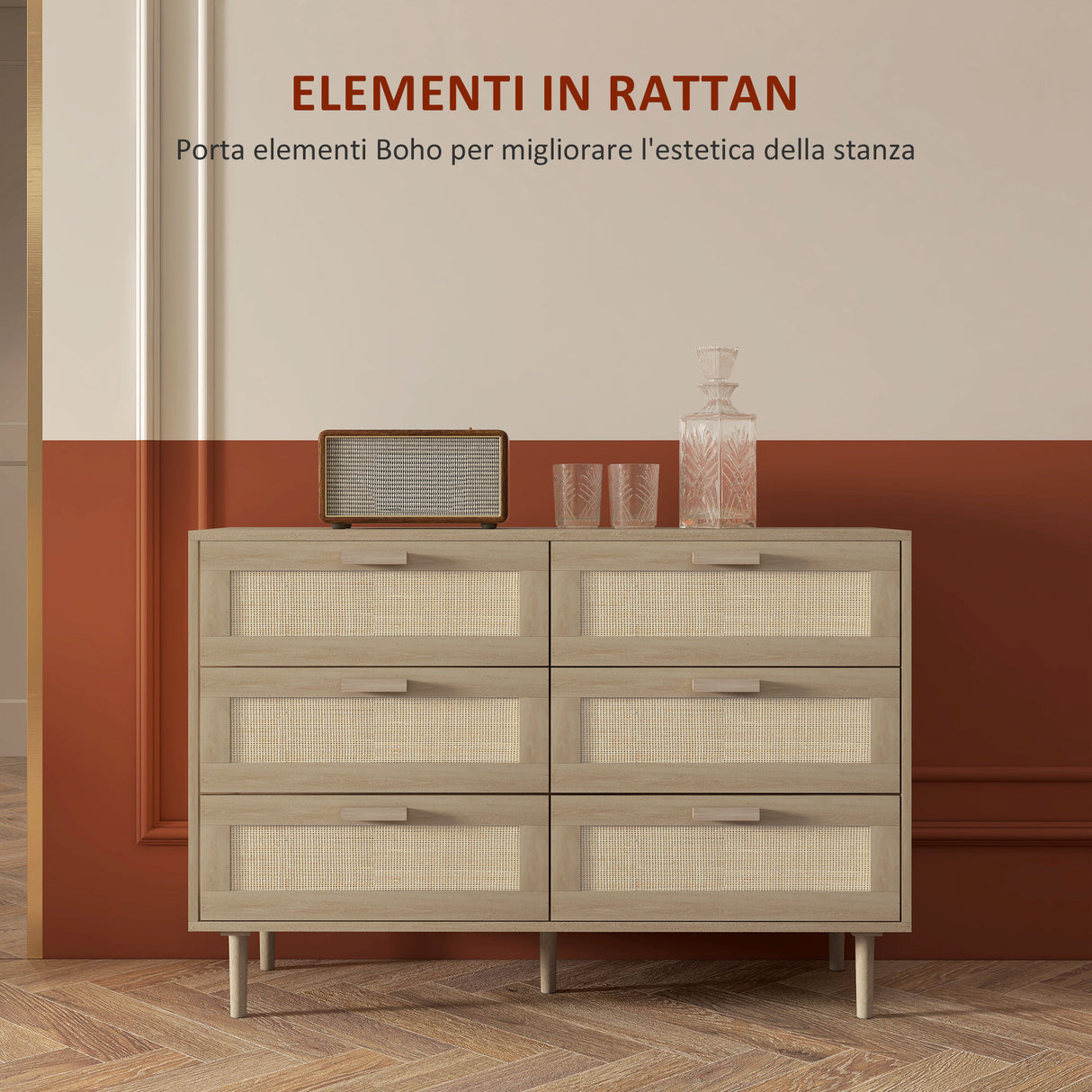 easycomfort easycomfort cassettiera 6 cassetti in legno e rattan stile boho per soggiorno e camera da letto 110x40x75 cm