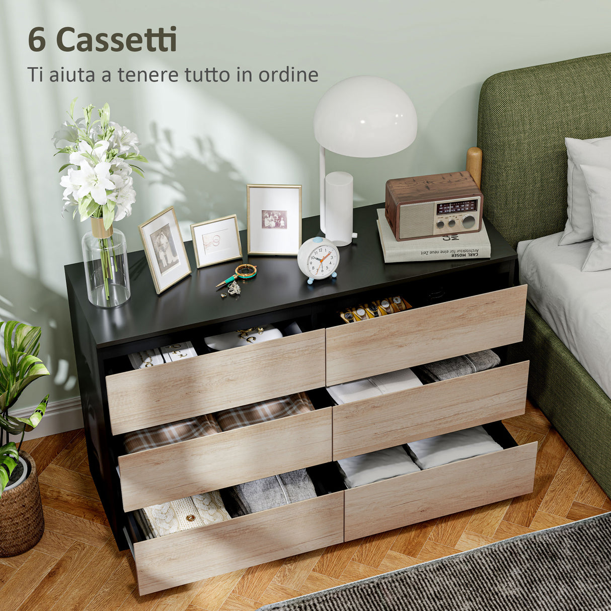 easycomfort easycomfort cassettiera 6 cassetti per camera da letto in legno con guide in metallo 120x39x75 cm nera e color legno