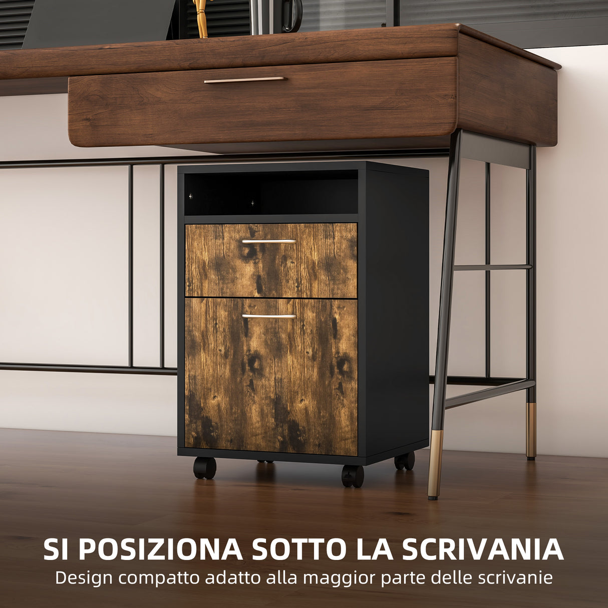 easycomfort easycomfort cassettiera portadocumenti con cassetto e ripiano 4 ruote 40x35x60cm marrone e nero