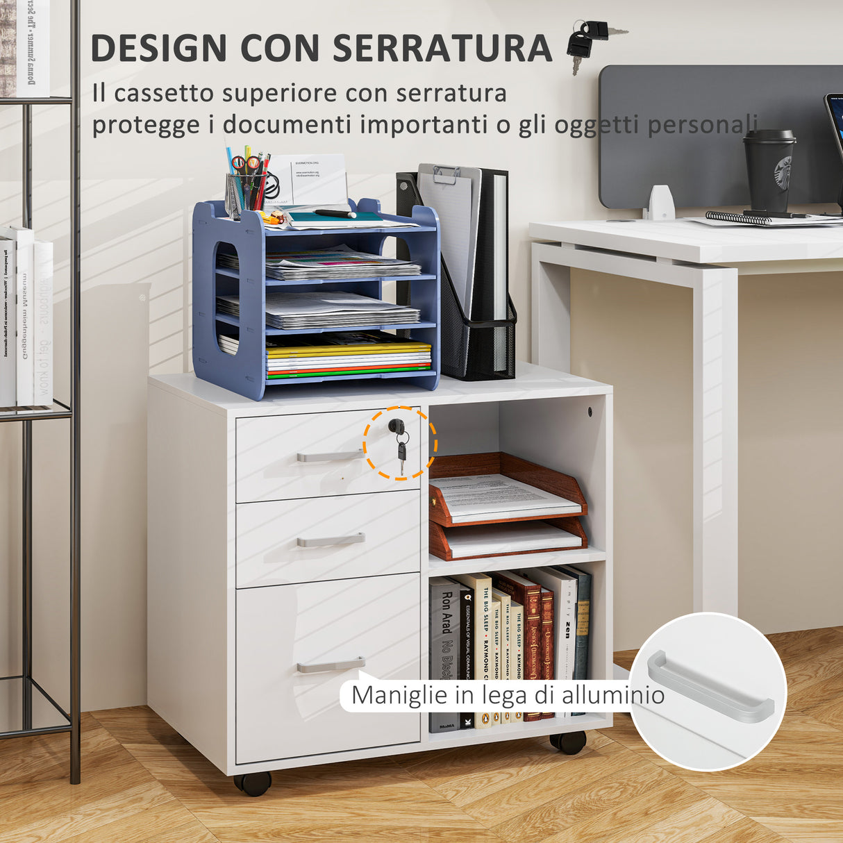 easycomfort easycomfort cassettiera portadocumenti da ufficio con 3 cassetti ruote serratura e chiavi 60x40x56 cm bianco
