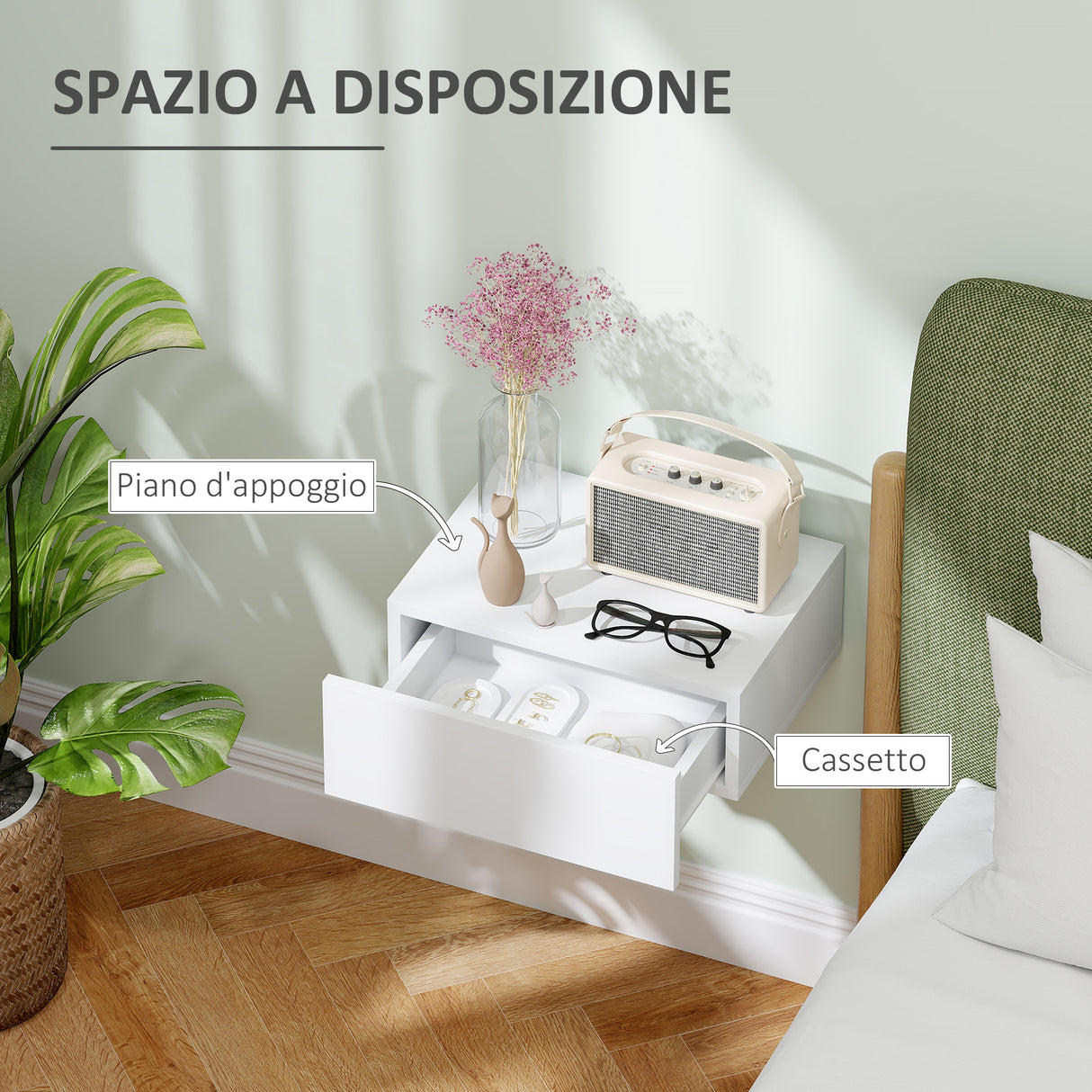 easycomfort easycomfort comodino sospeso moderno con cassetto in legno 40x30x15 cm bianco
