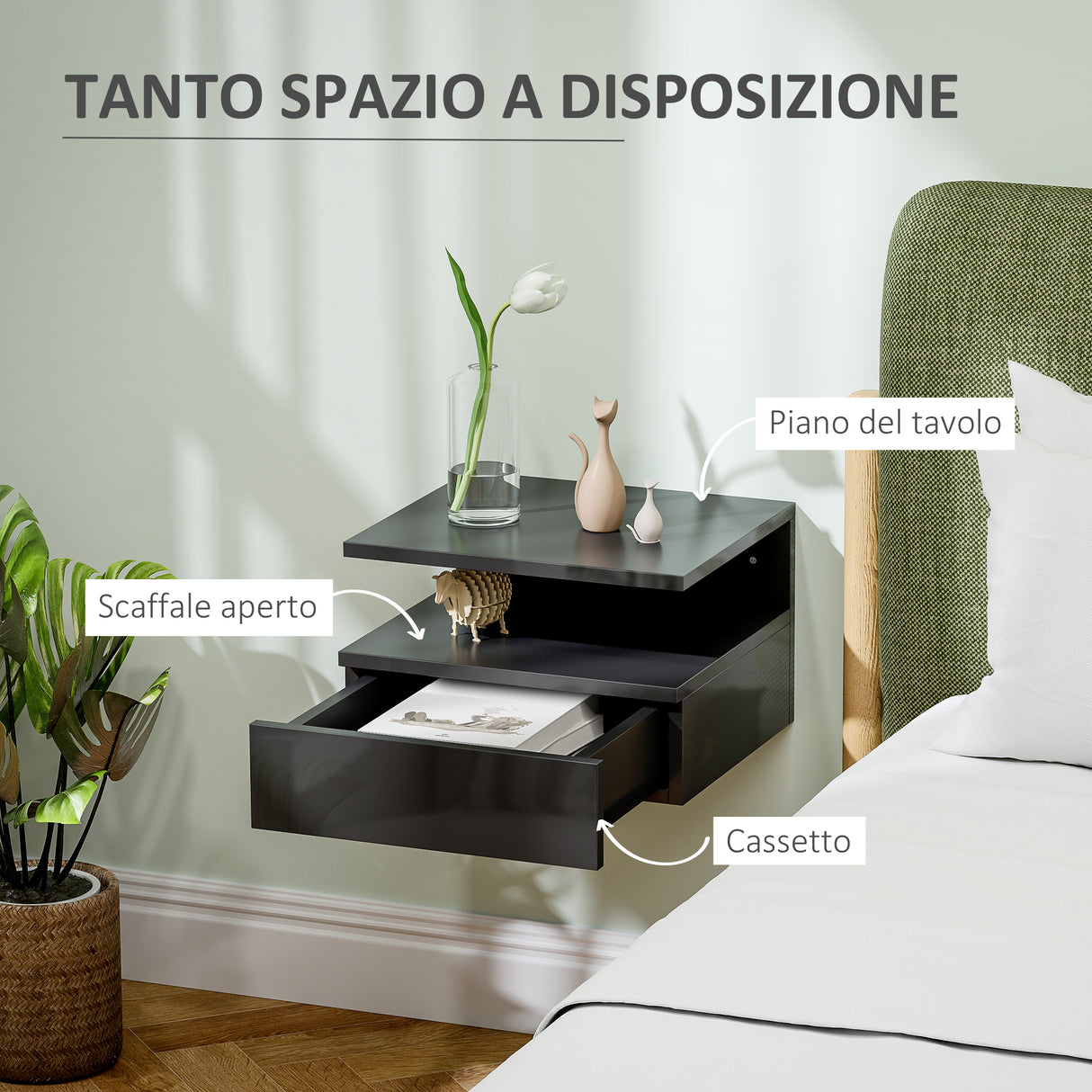 easycomfort easycomfort comodino sospeso per camera da letto con cassetto e ripiano aperto in legno 35x32x22 5 cm nero lucido