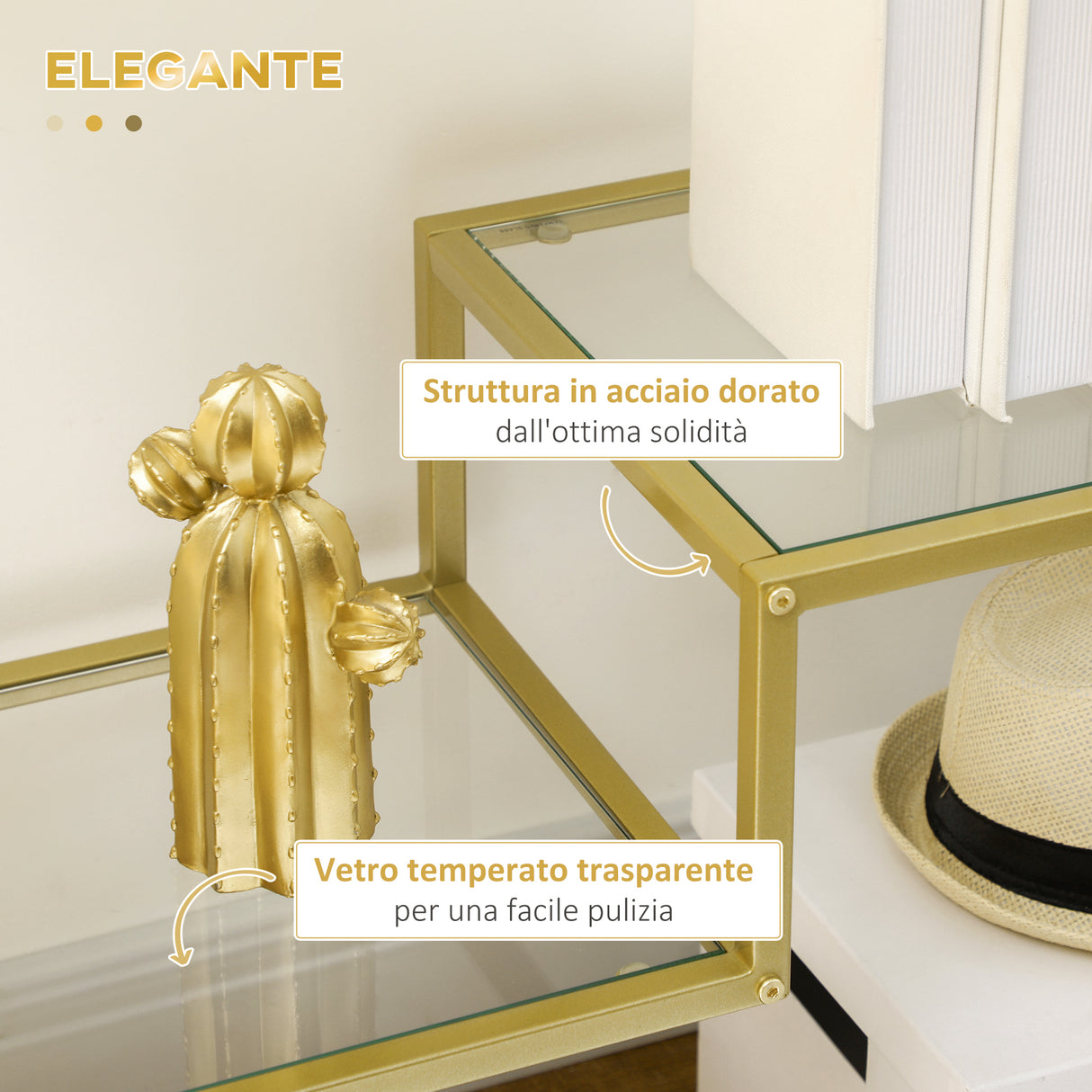 easycomfort easycomfort consolle da ingresso a 3 ripiani in acciaio e vetro temperato 100x32x76 cm oro