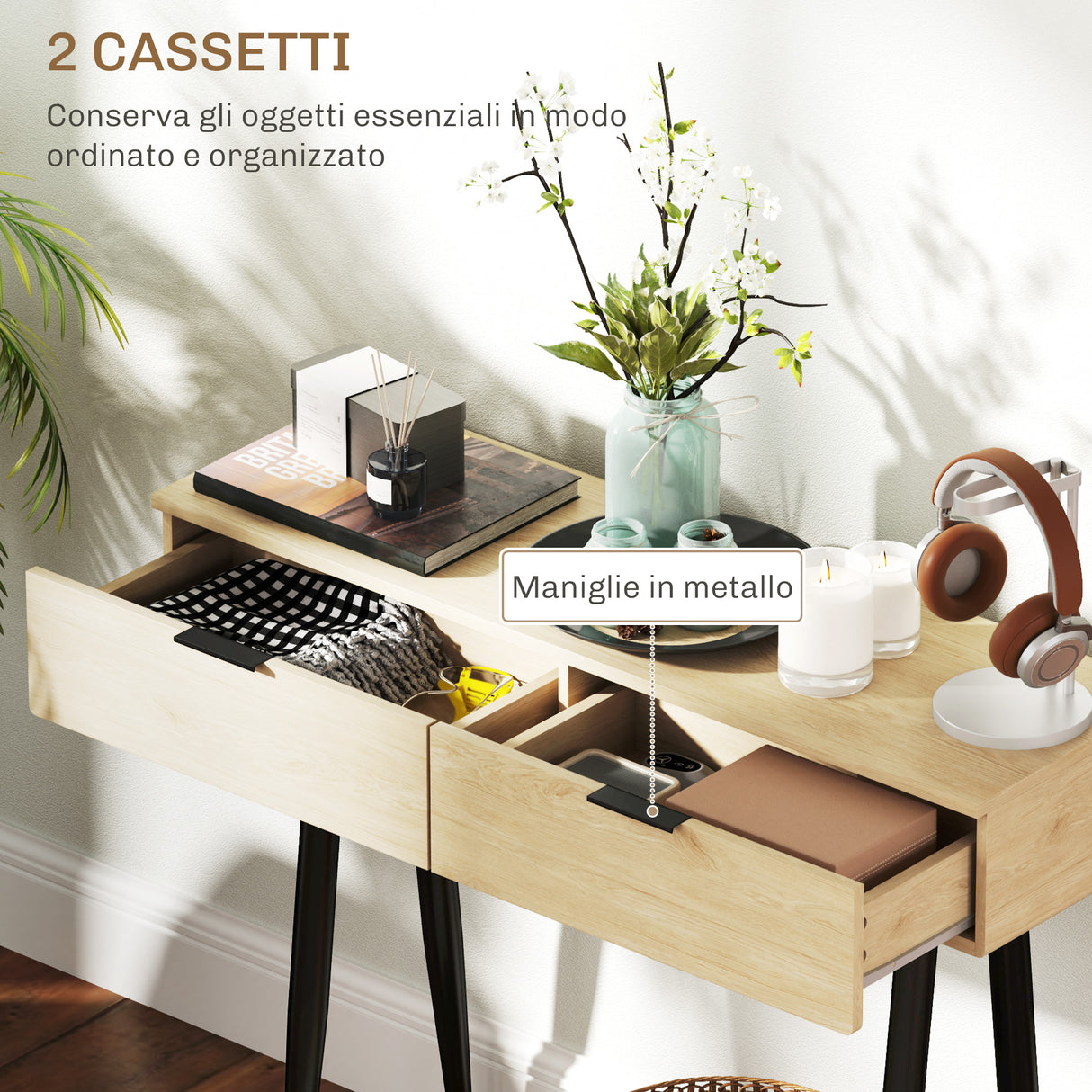 easycomfort easycomfort consolle da ingresso in stile nordico con 2 cassetti in legno e acciaio 100x30x80 5 cm rovere