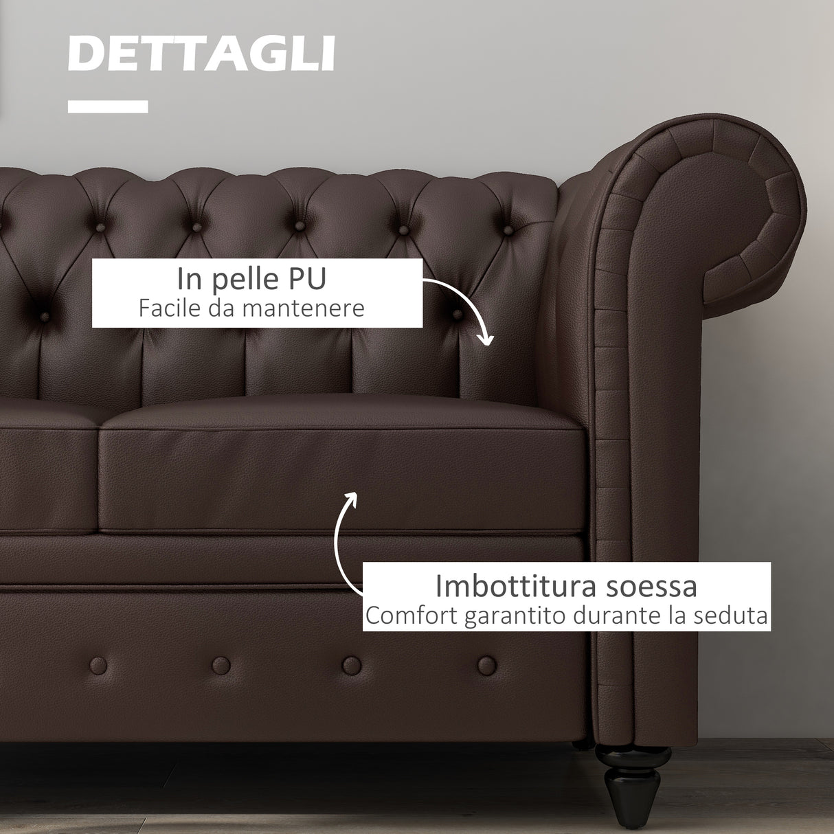 easycomfort easycomfort divano 2 posti stile chesterfield con cuscino rimovibile in ecopelle legno e metallo 160x84x80 cm marrone