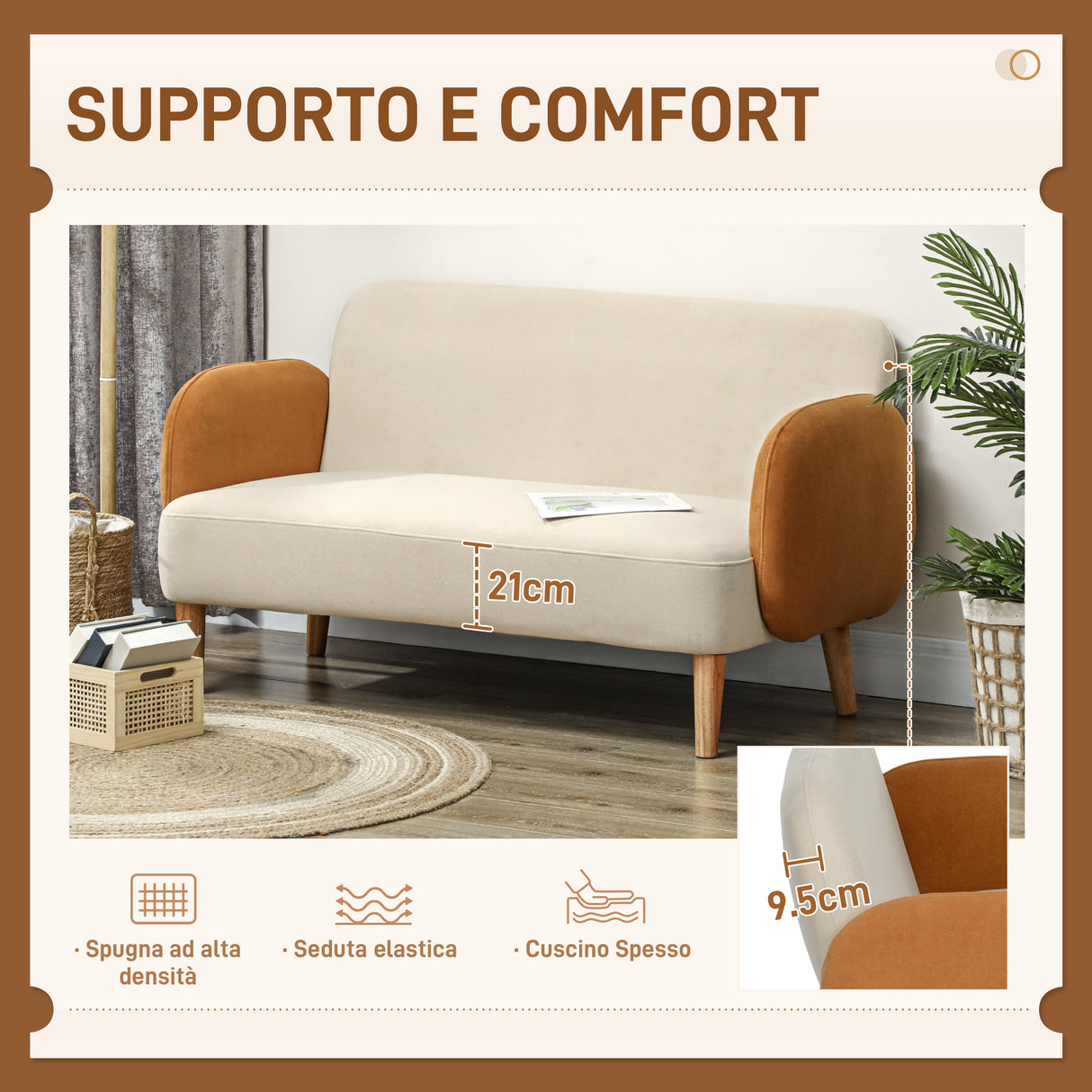 easycomfort easycomfort divano 2 posti stile nordico in tessuto effetto velluto e legno 138x73x74 cm crema e arancione