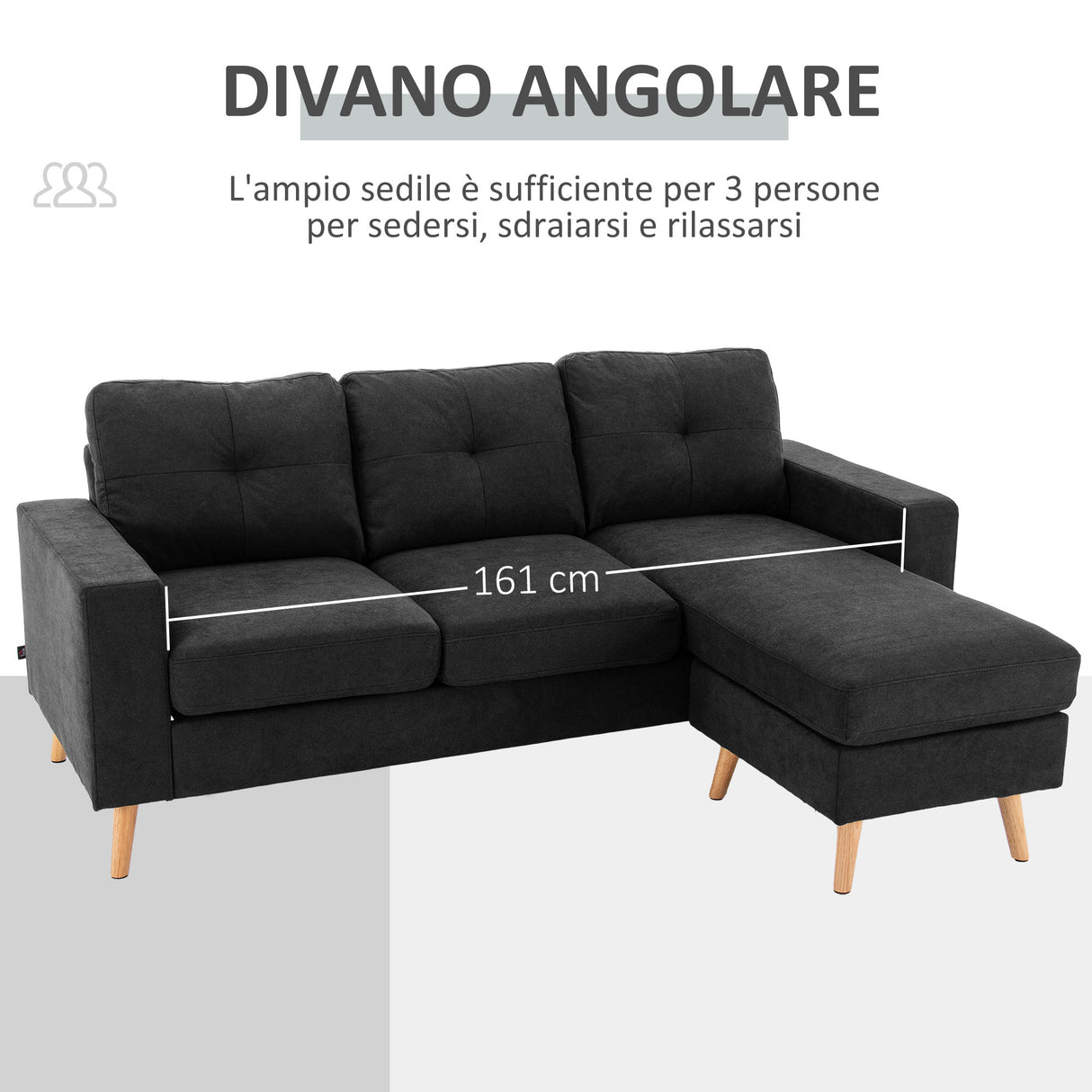 easycomfort easycomfort divano 3 posti ad angolo con penisola reversibile e cuscini in tessuto effetto lino 193x136x85 cm nero