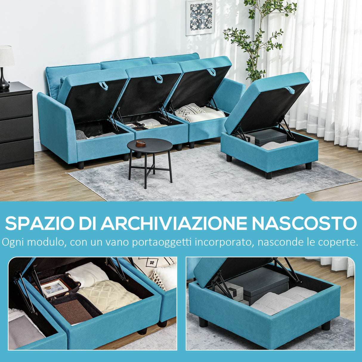 easycomfort easycomfort divano componibile modulare 3 posti con pouf poggiapiedi e cuscini rivestimento in flanella blu