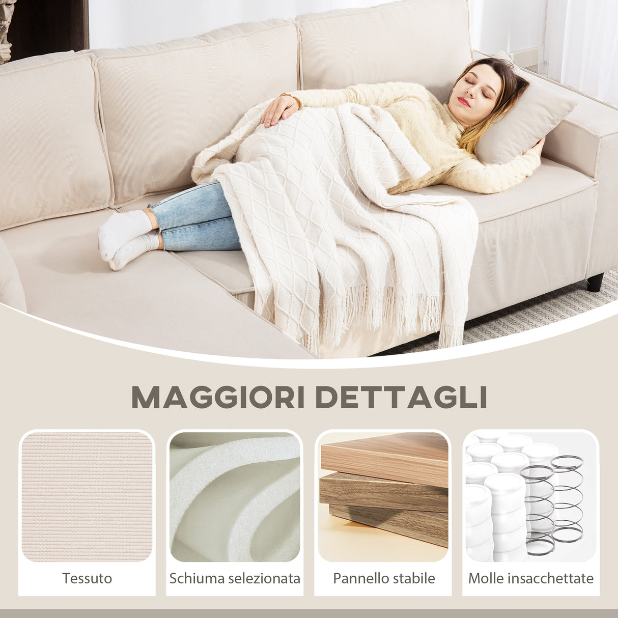easycomfort easycomfort divano con penisola a 3 posti in tessuto effetto velluto schiuma e nylon 241x153x83 cm bianco crema