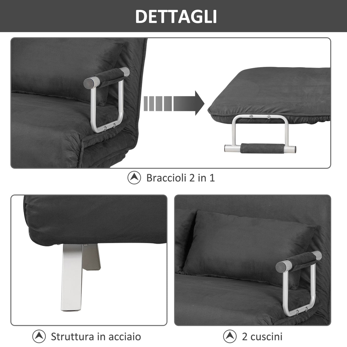 easycomfort easycomfort divano letto 2 posti in similpelle e acciaio con seduta regolabile in 5 posizioni 105x80x78 cm grigio