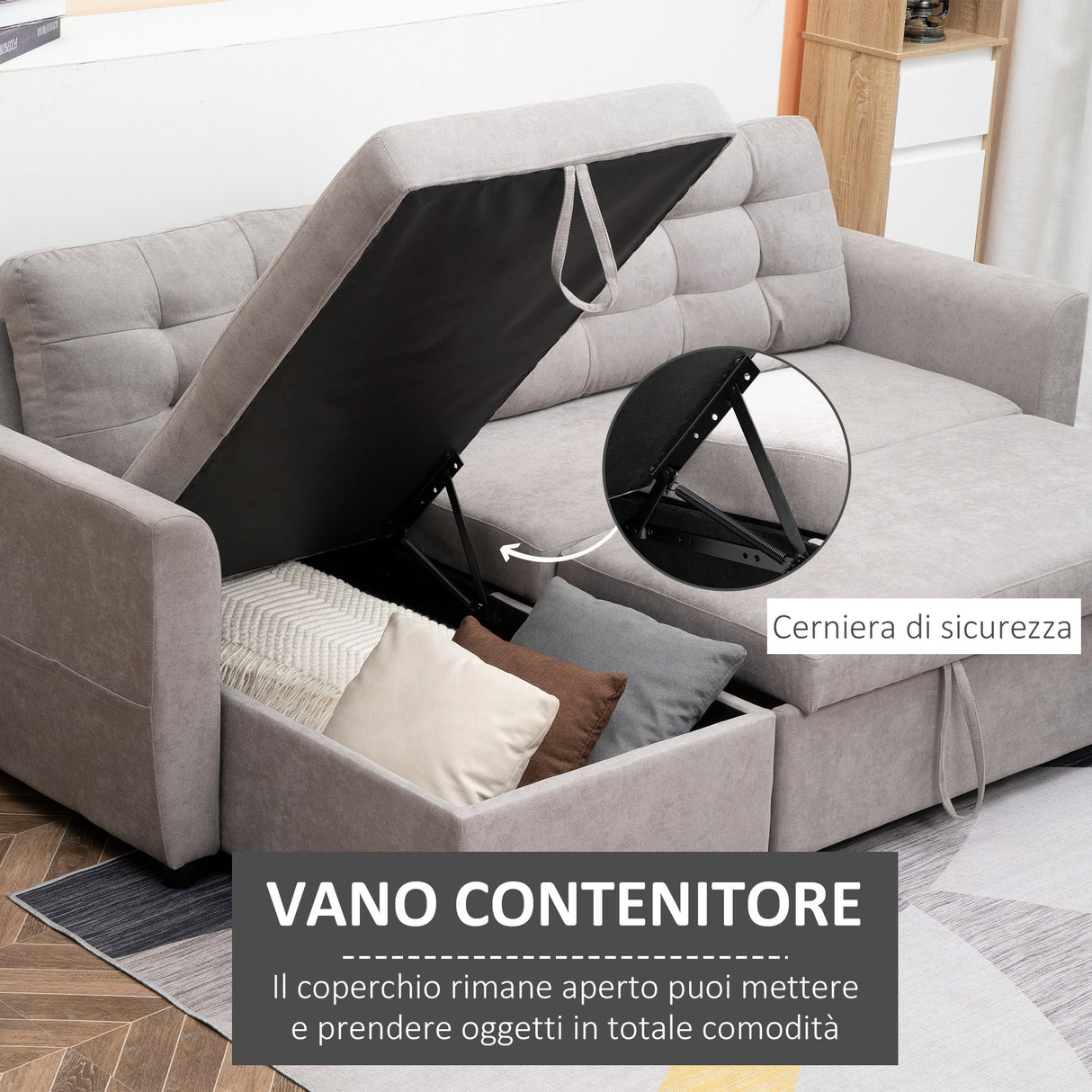 easycomfort easycomfort divano letto 3 posti con chaise longue contenitore in tessuto 217x134x85cm grigio