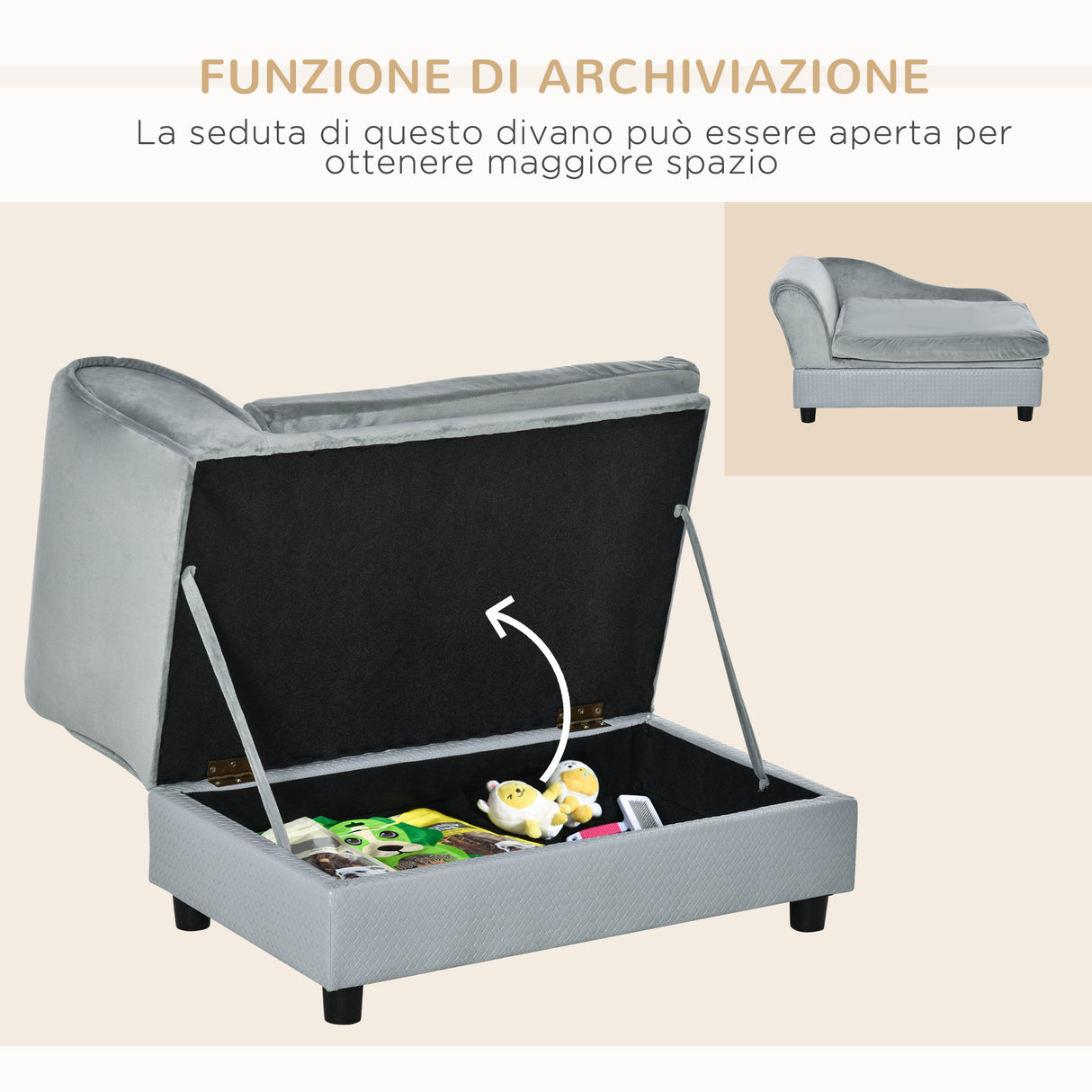 easycomfort easycomfort divano per cani con spazio portaoggetti e cuscino in legno e poliestere 76x45x43 cm grigio chiaro