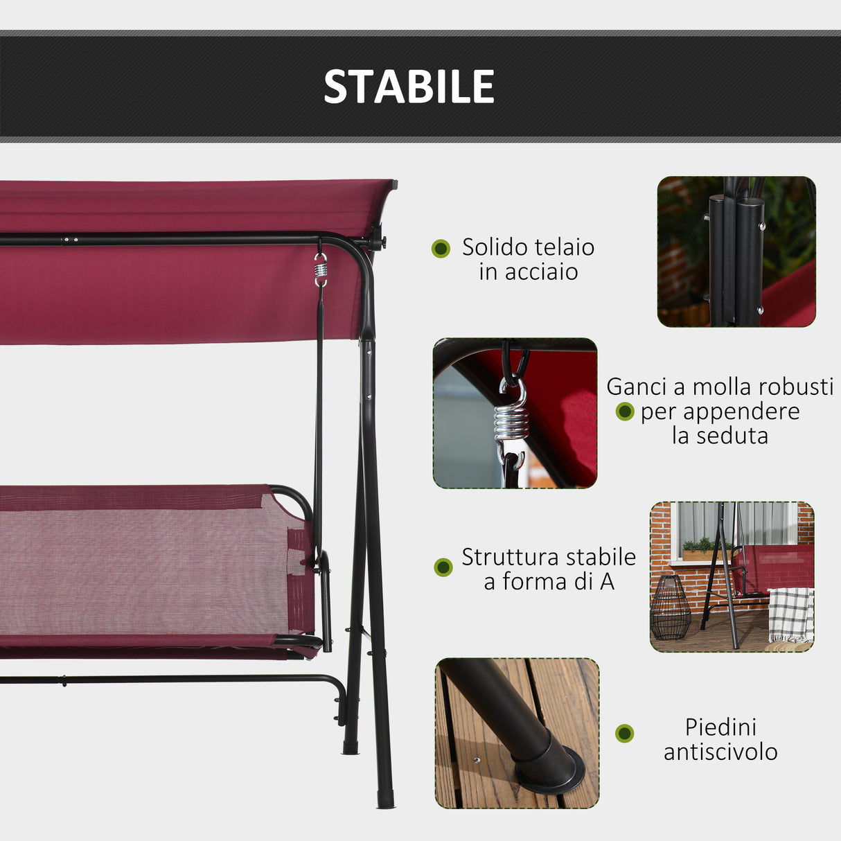 easycomfort easycomfort dondolo da giardino 3 posti in acciaio con tetto parasole in poliestere 172x110x153 cm rosso e nero