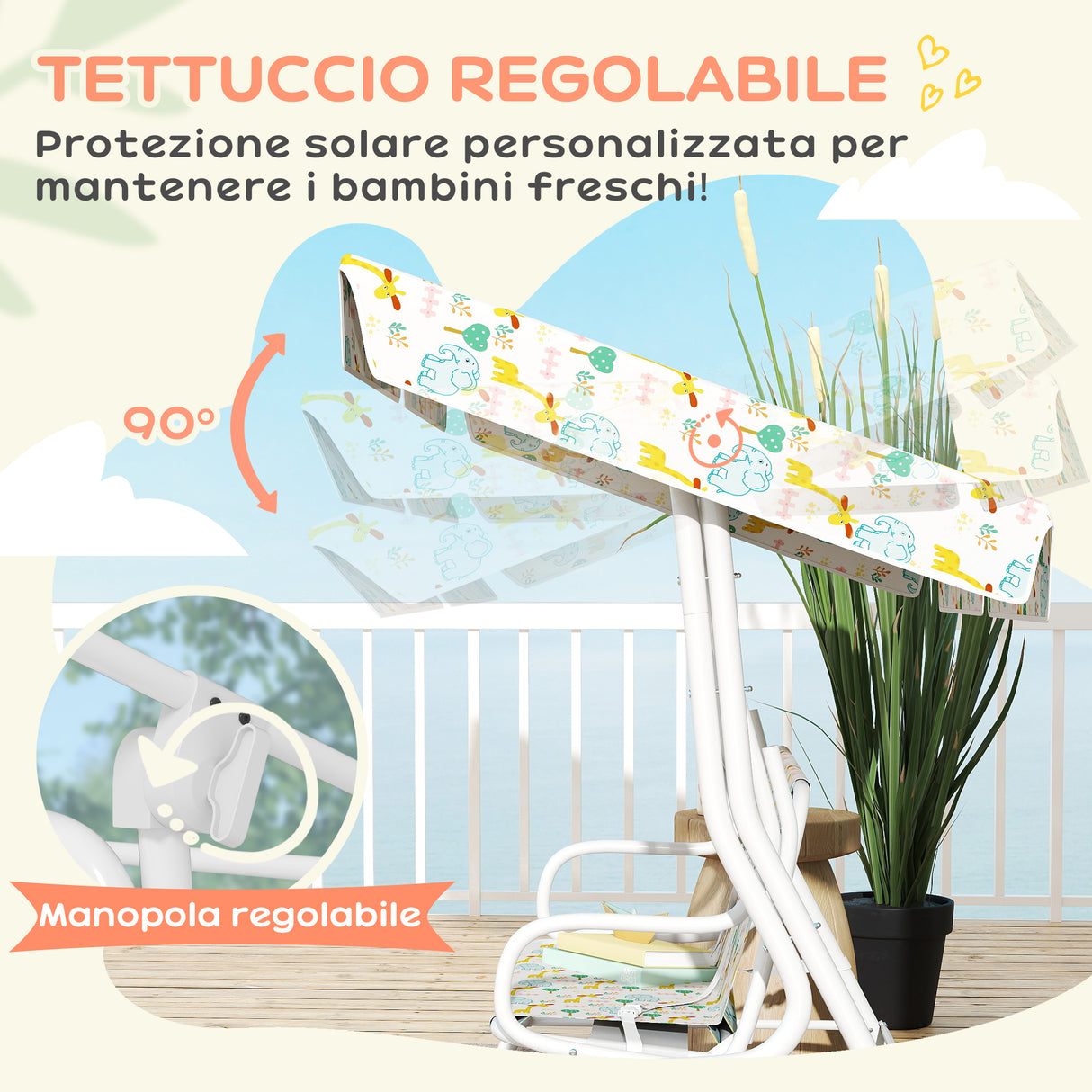 easycomfort easycomfort dondolo per bambini da esterno a 2 posti con tettuccio regolabile e cinture di sicurezza 112x75x120 cm bianco