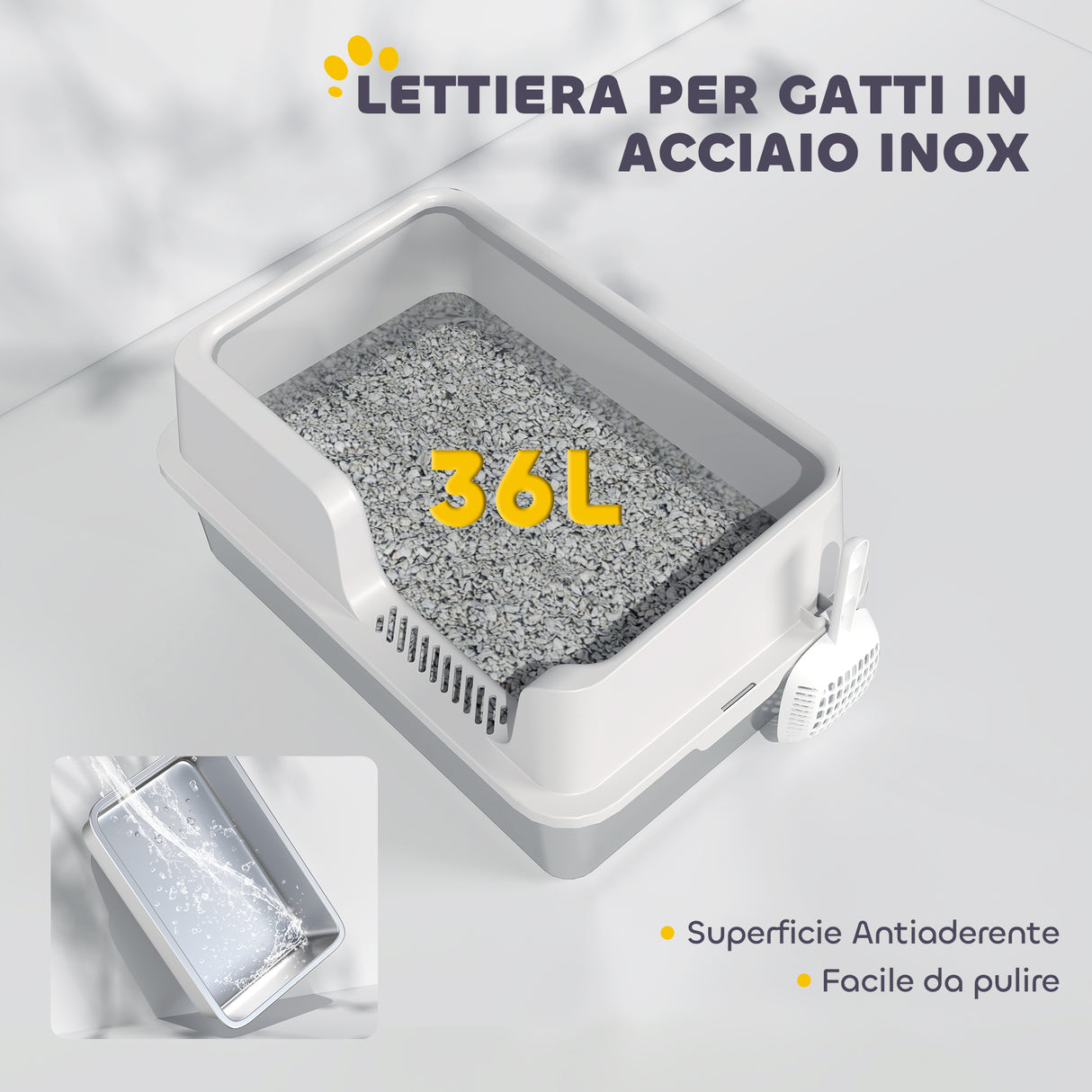 easycomfort easycomfort lettiera per gatti con bordi rialzati vassoio e paletta in acciaio inox e pp 60x40x28 cm grigio chiaro