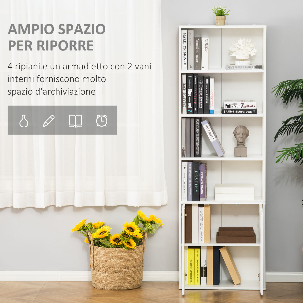 immagine-5-easycomfort-easycomfort-libreria-moderna-4-ripiani-con-armadietto-a-2-ante-in-legno-59x29x180cm-bianca