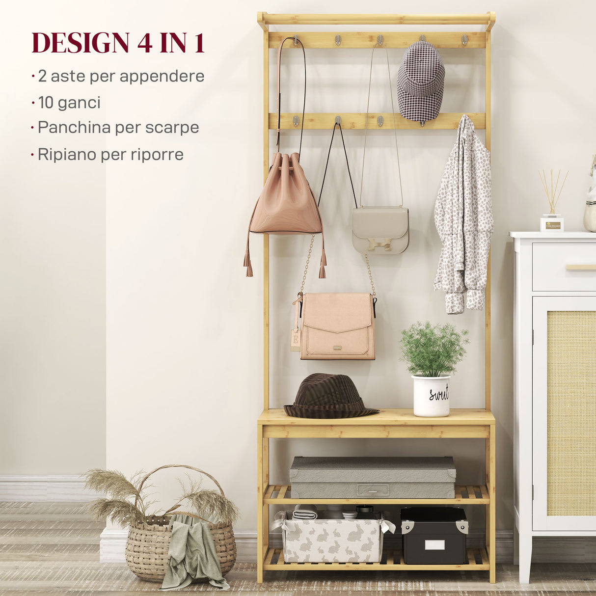 easycomfort easycomfort mobile appendiabiti 3 in 1 in bambu con 10 ganci 2 aste e panca scarpiera 70x31x170 cm marrone