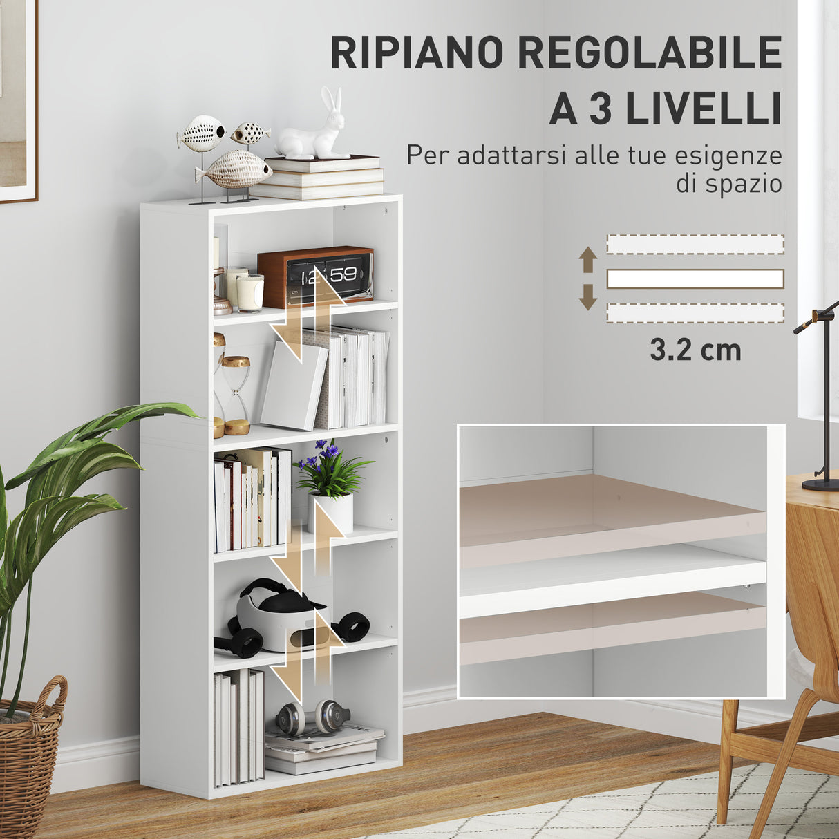 easycomfort easycomfort mobile libreria a 5 ripiani con 3 scaffali flessibili in legno 60x24x133 5 cm bianco