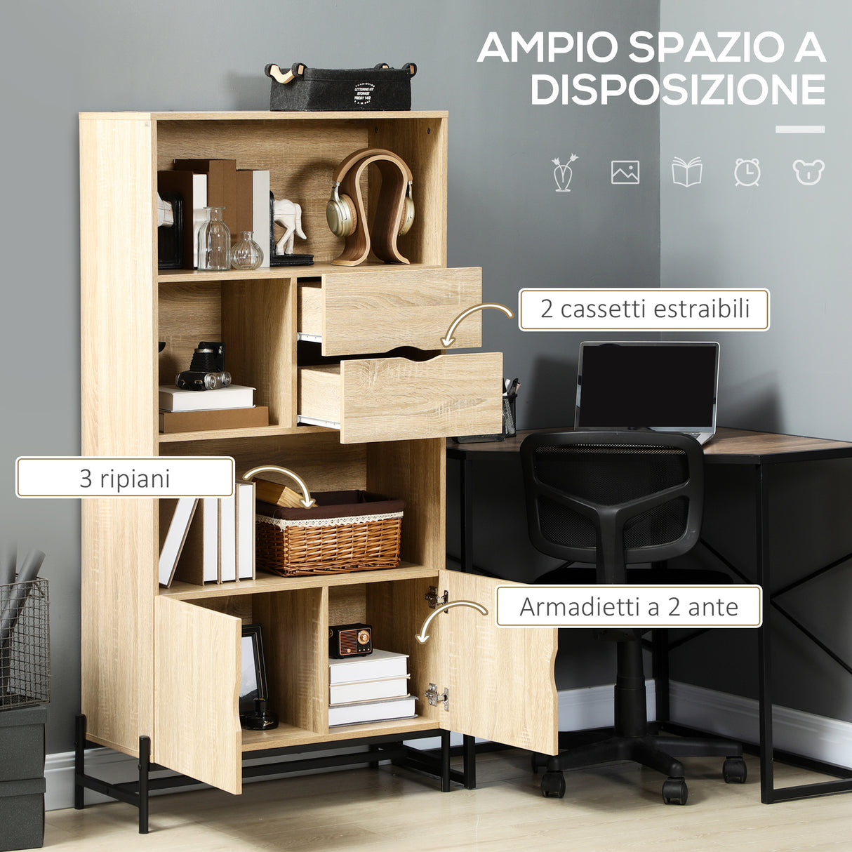 immagine-5-easycomfort-easycomfort-mobile-libreria-a-parete-in-mdf-e-metallo-con-2-cassetti-2-armadietti-e-4-ripiani-aperti-80x35x155-cm