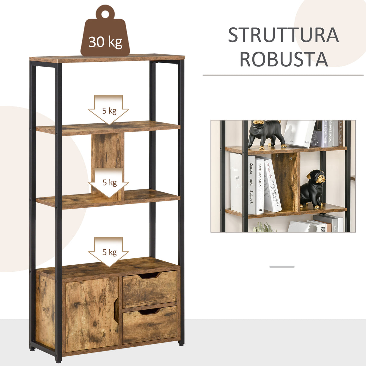 easycomfort easycomfort mobile libreria con 3 ripiani armadietto e 2 cassetti in truciolato e metallo 58x24x122 cm