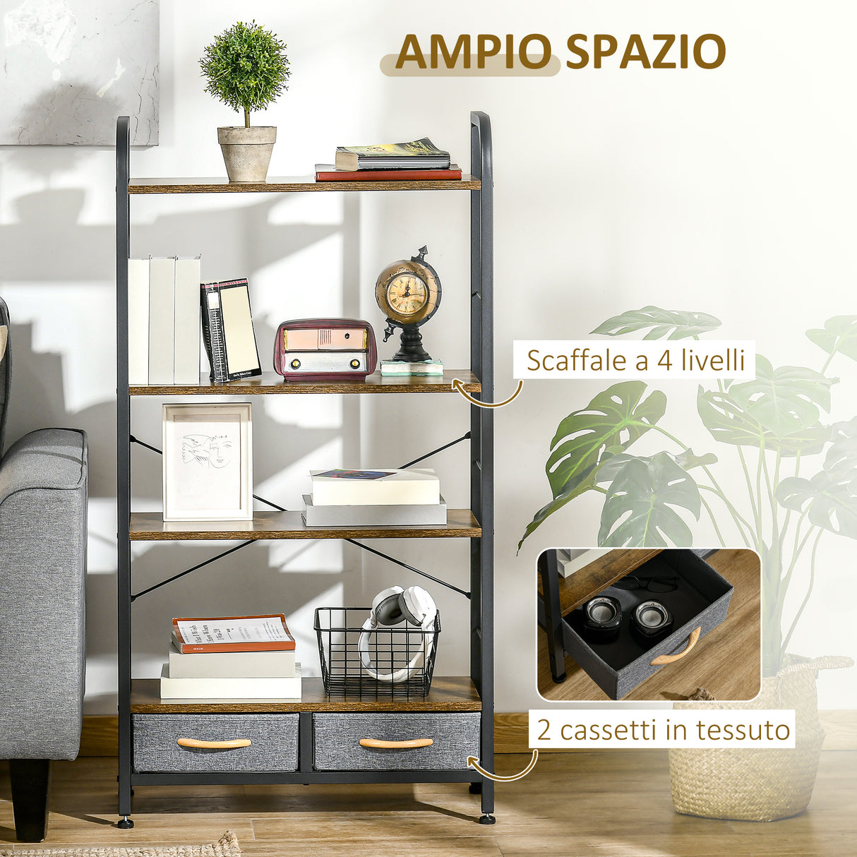 immagine-5-easycomfort-easycomfort-mobile-libreria-con-4-scaffali-e-2-cassetti-in-truciolato-acciaio-e-tessuto-effetto-lino-64x27-5x121-cm