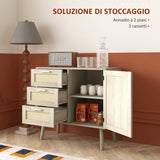 easycomfort easycomfort mobile multiuso stile boho con armadietto e 3 cassetti in legno e rattan 80x36x75cm rovere