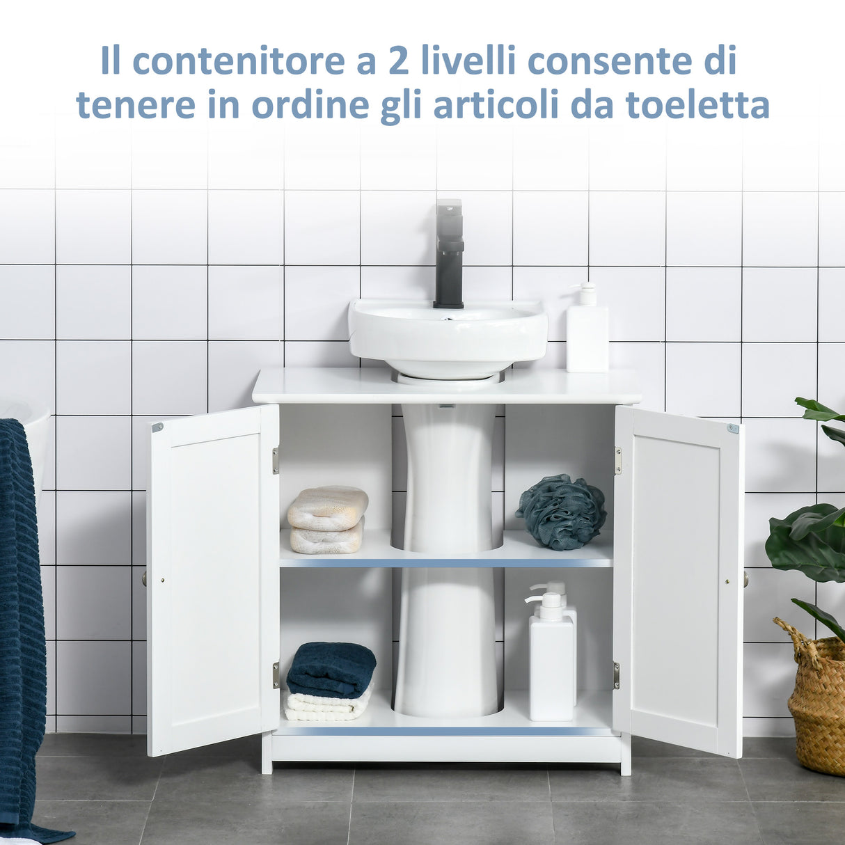 easycomfort easycomfort mobile sottolavabo a 2 ante con ripiano regolabile e intaglio a u 60x30x60 cm bianco