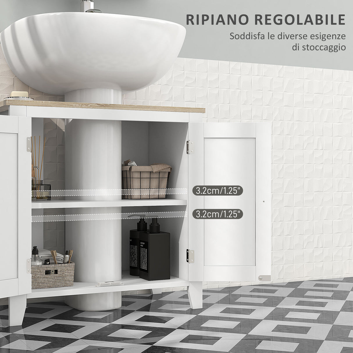 easycomfort easycomfort mobile sottolavabo bagno a u con ripiano regolabile interno in mdf 60x30x60 cm bianco e color legno