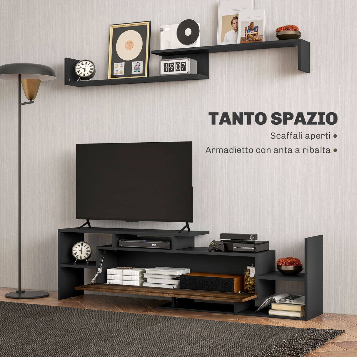 easycomfort easycomfort mobile tv con mensola a muro ripiani aperti e armadietto in legno nero e marrone
