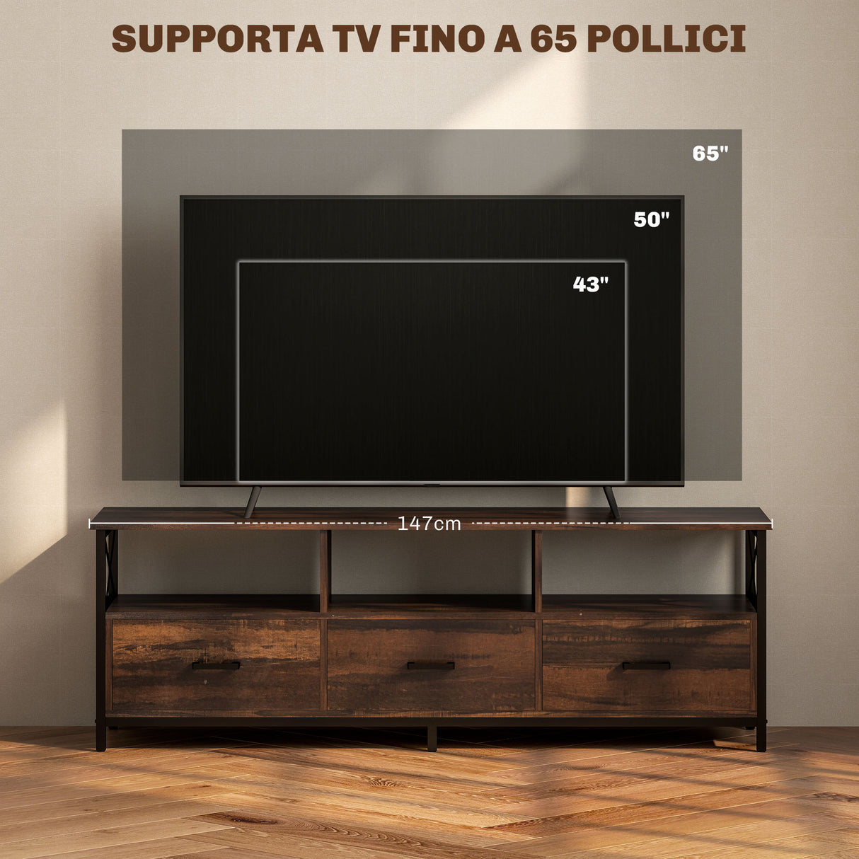 easycomfort easycomfort mobile tv industriale con 3 cassetti e 3 ripiani aperti in legno e acciaio 147x40x50 cm nero e marrone