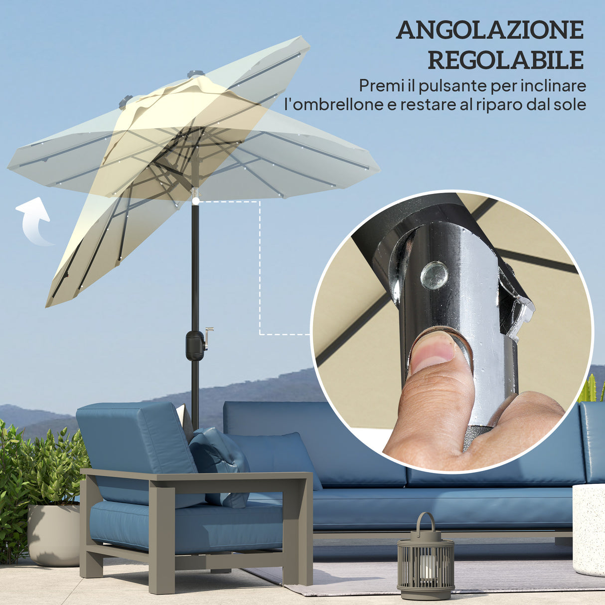 easycomfort easycomfort ombrellone doppio con luci led e base a croce in poliestere e acciaio 295x150x219 cm bianco crema